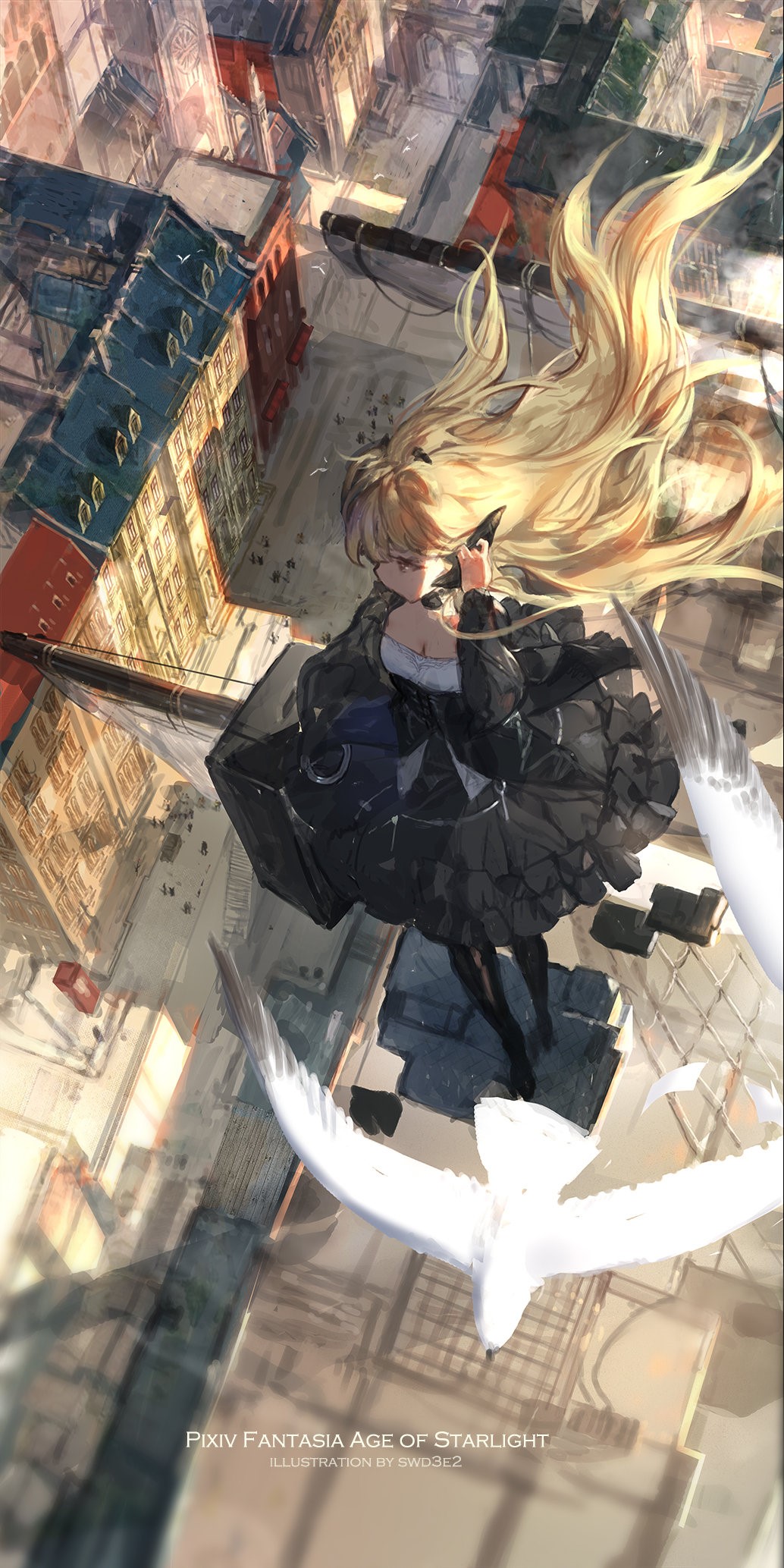 Anime girl with blonde hair falling from sky HD Phone Wallpaper