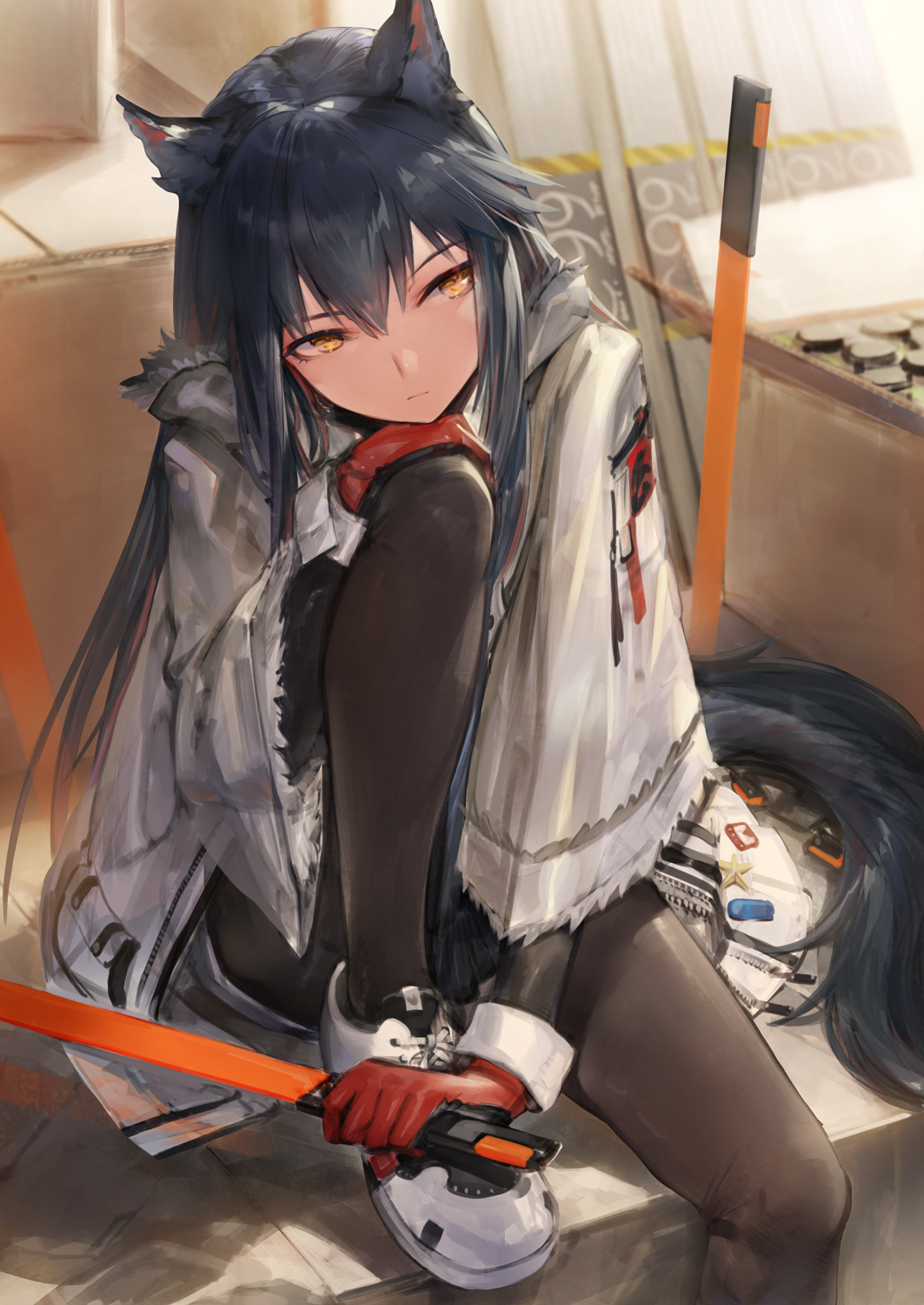 Texas from Arknights holding knees HD Phone Wallpaper