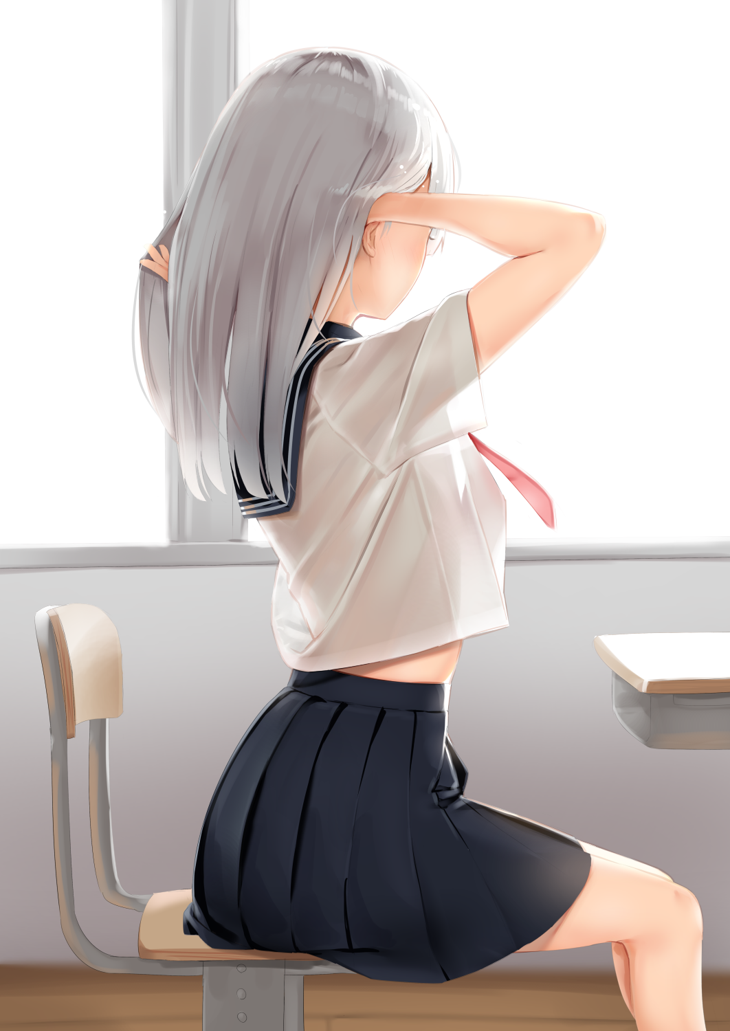 Anime girl with grey hair in a school uniform HD Phone Wallpaper