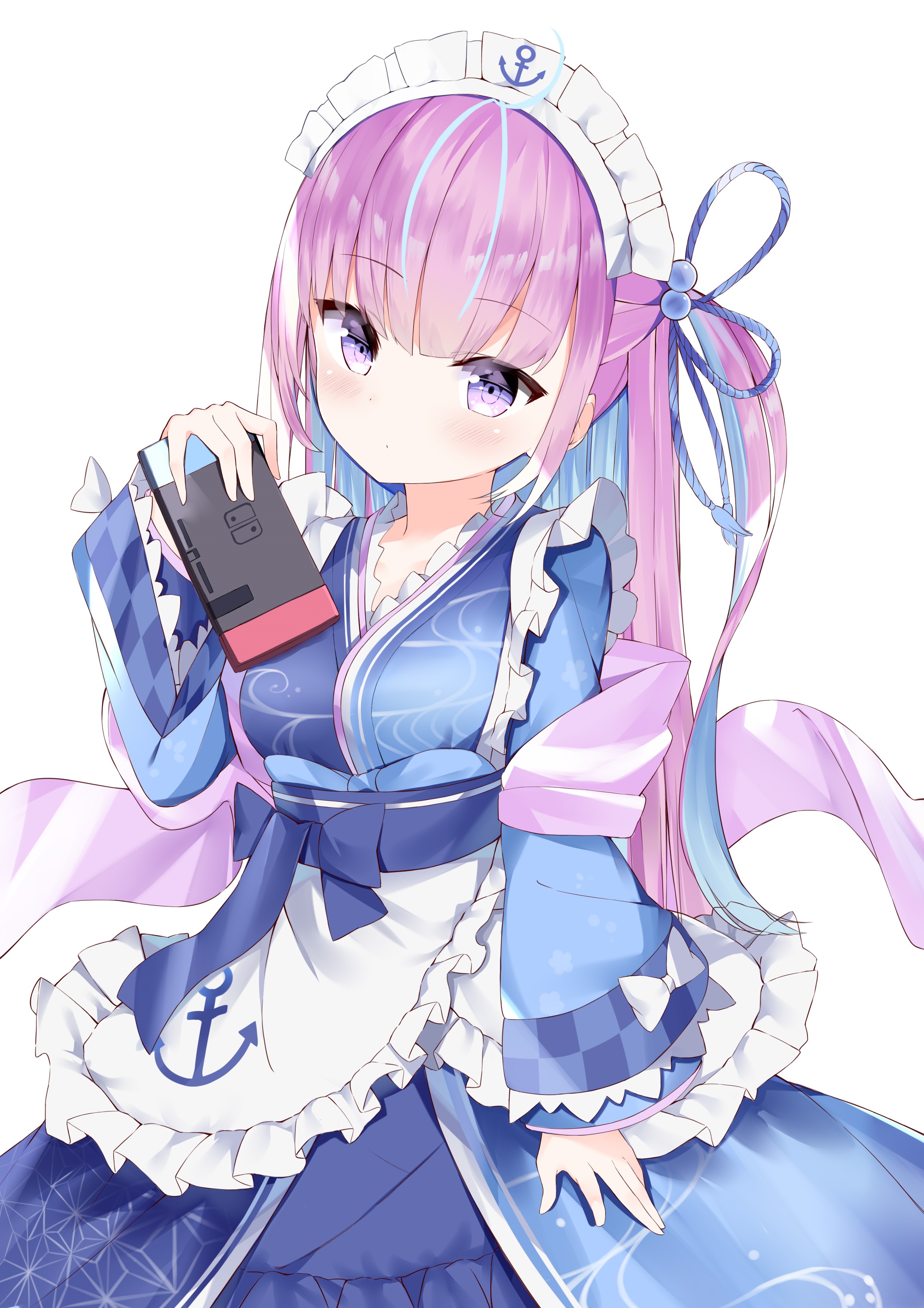 Minato Aqua from Hololive holding a Nintendo Switch HD Phone Wallpaper