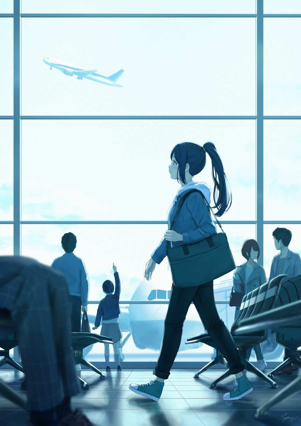 Anime girl with a bag at the airport looking at a plane HD Phone Wallpaper