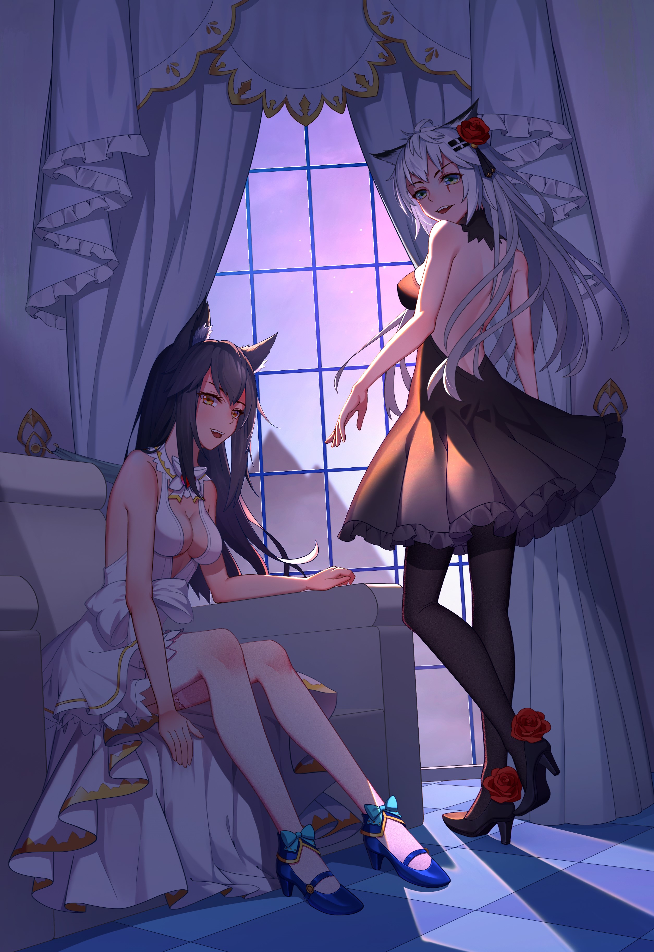 Two anime girls in dresses by a window HD Phone Wallpaper