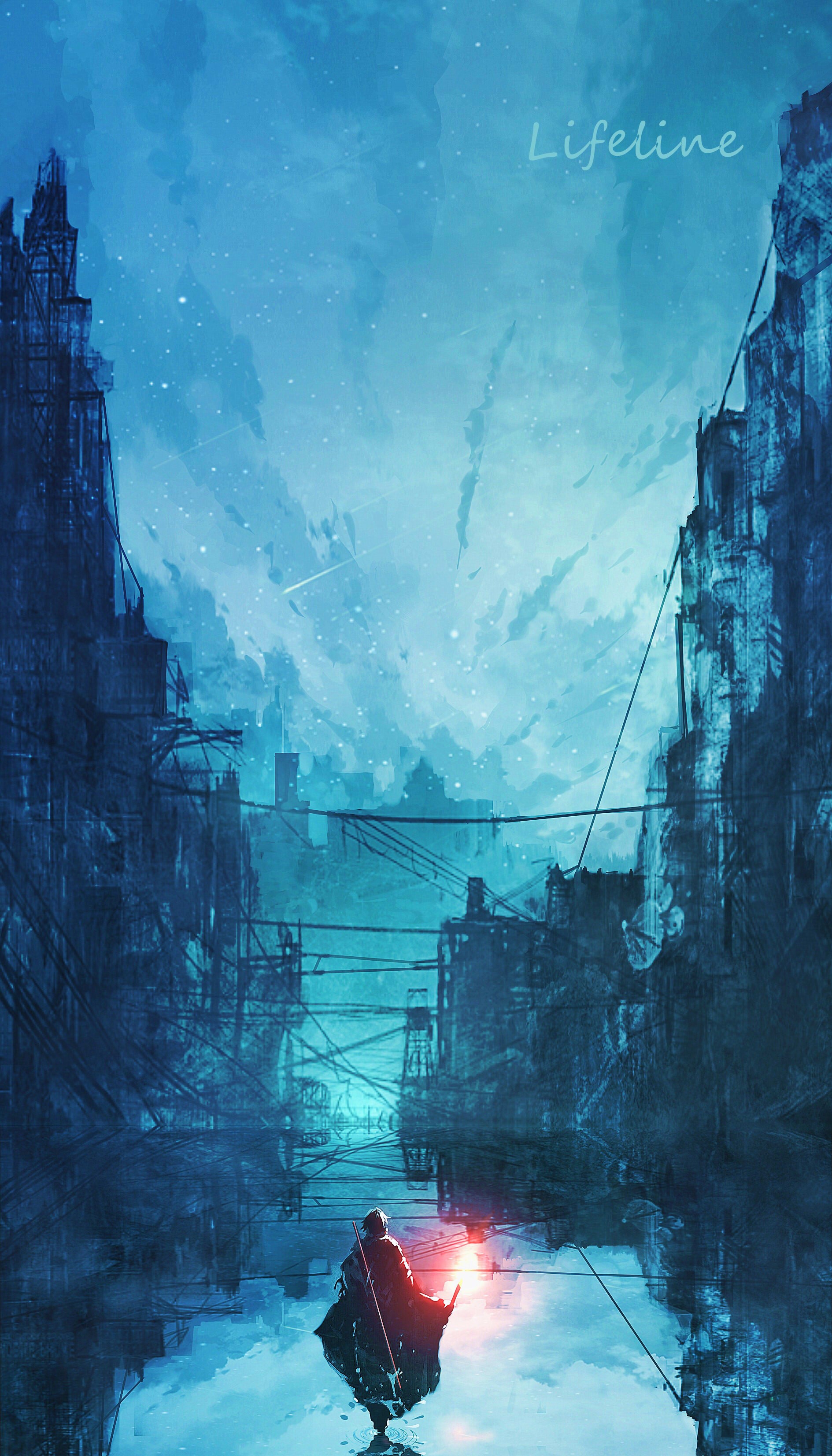 Lifeline anime art of a lone figure in a ruined city HD Phone Wallpaper