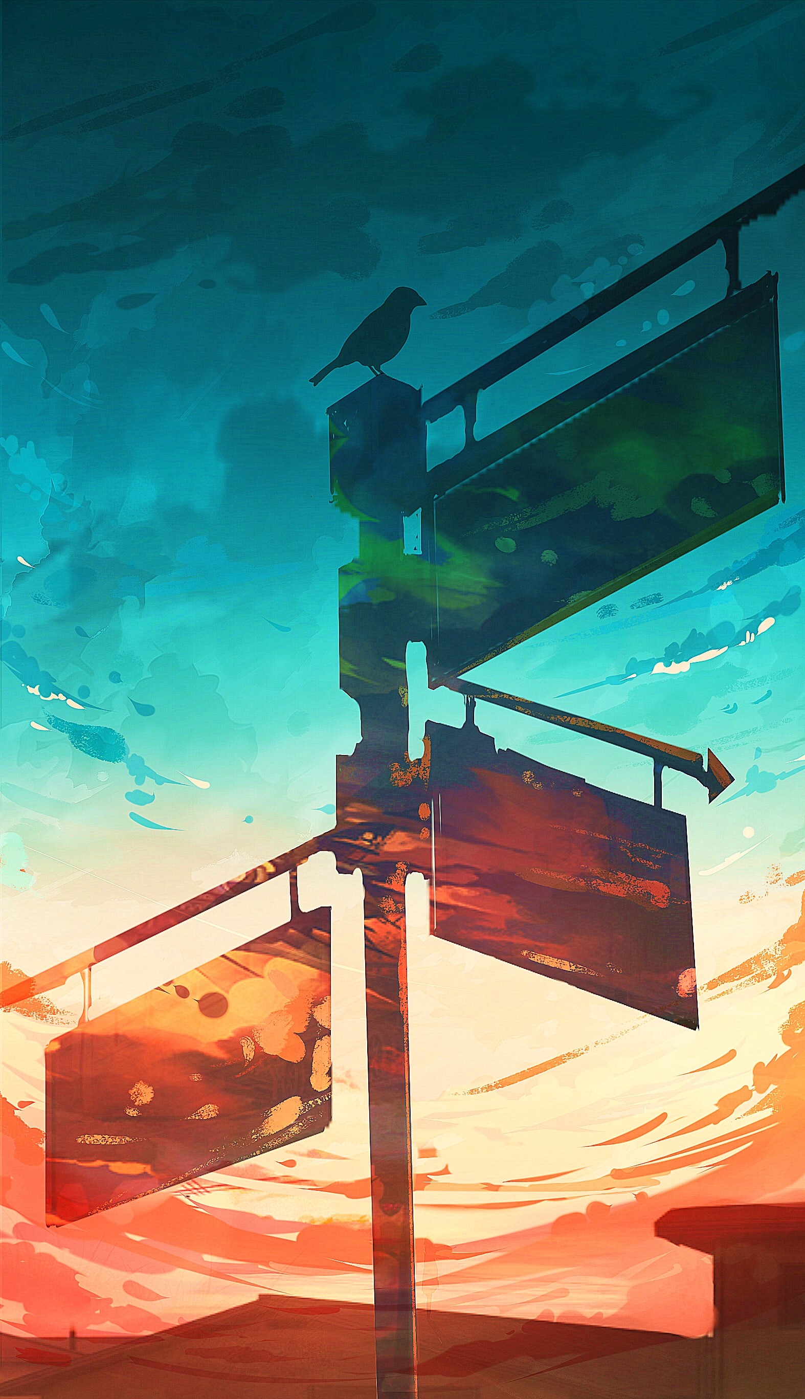 Anime style illustration of a bird on a signpost at sunset HD Phone Wallpaper