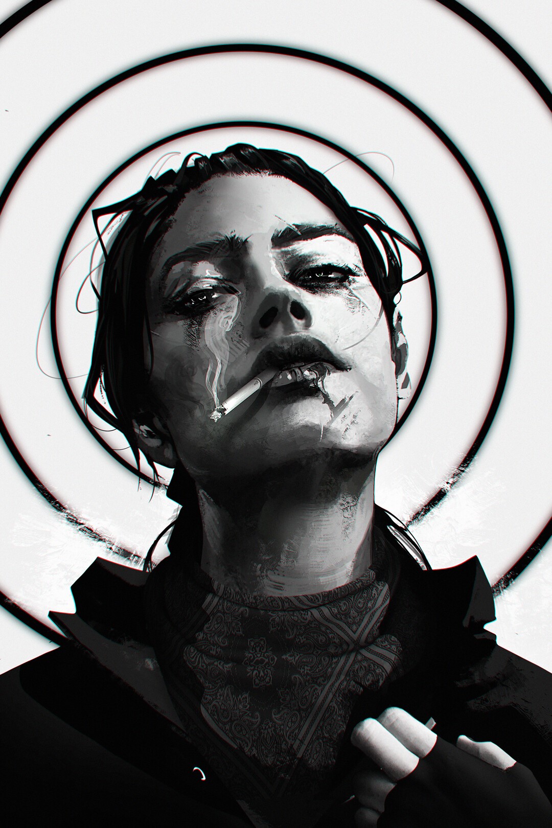 Woman smoking in front of concentric circles HD Phone Wallpaper