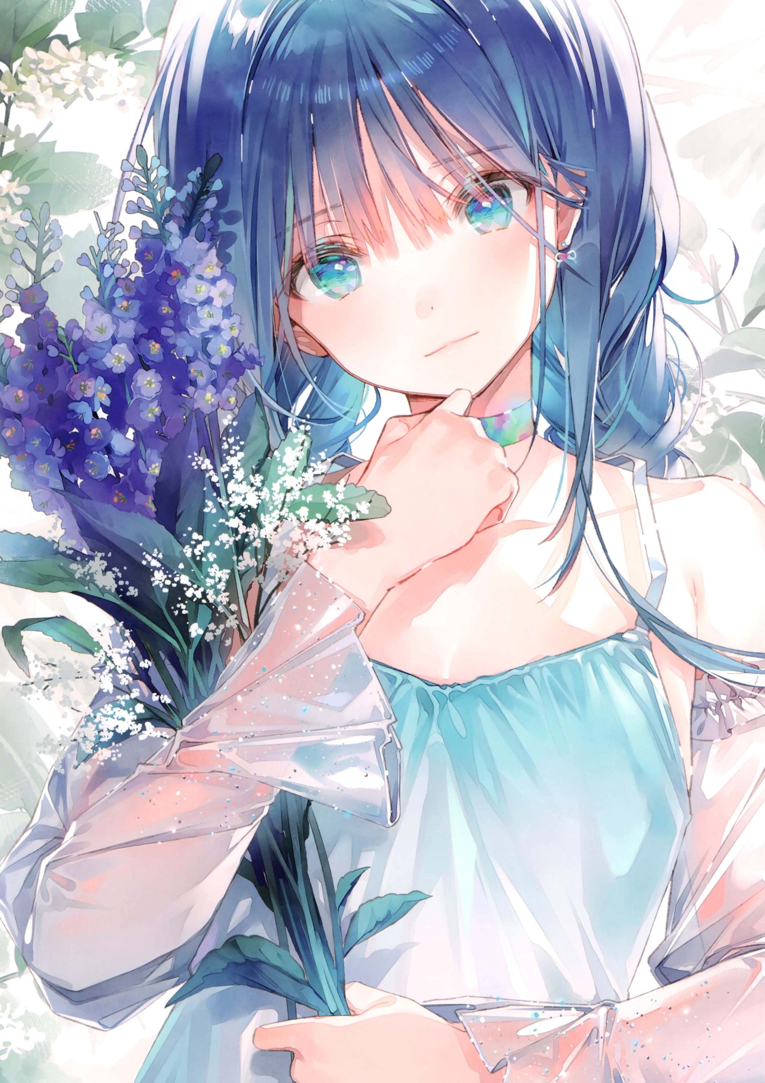 Anime girl with blue hair holding flowers HD Phone Wallpaper
