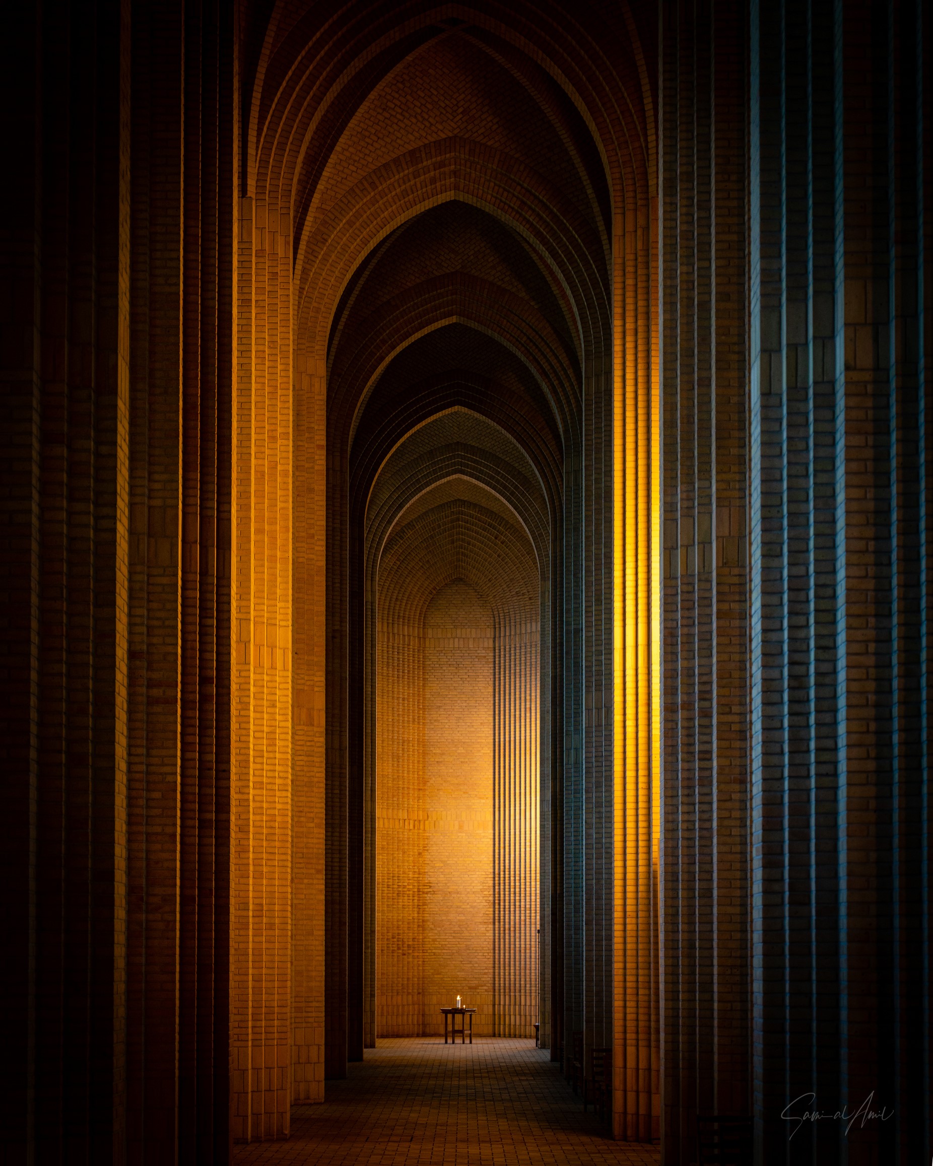 Hallway with candles in Grundtvigs Church, Copenhagen HD Phone Wallpaper