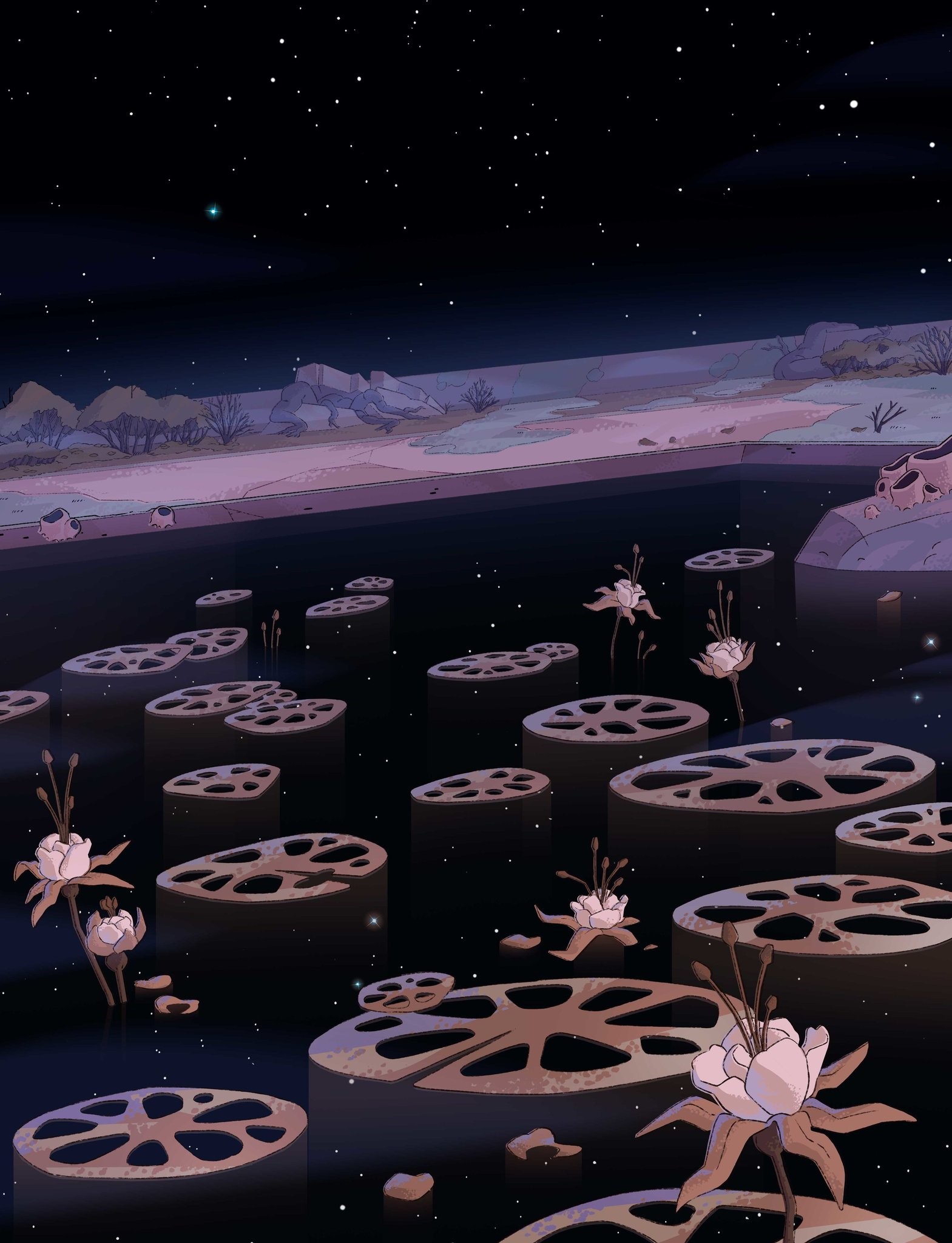 Steven Universe landscape with lotus-like structures HD Phone Wallpaper
