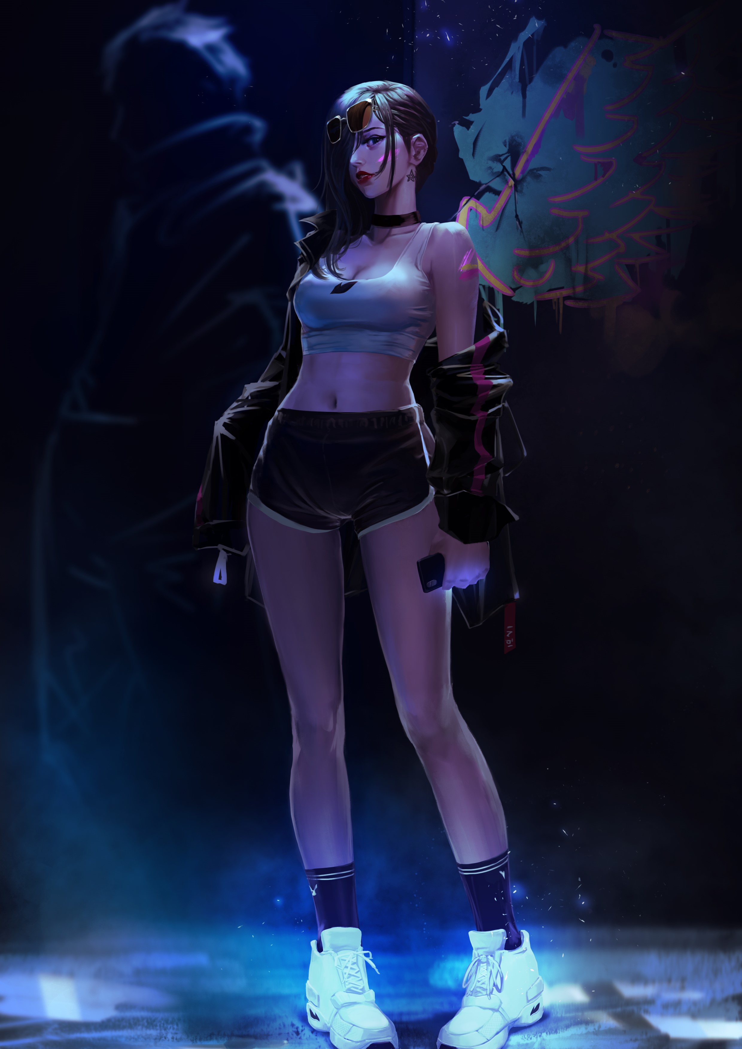 Girl with choker and jacket, digital art HD Phone Wallpaper