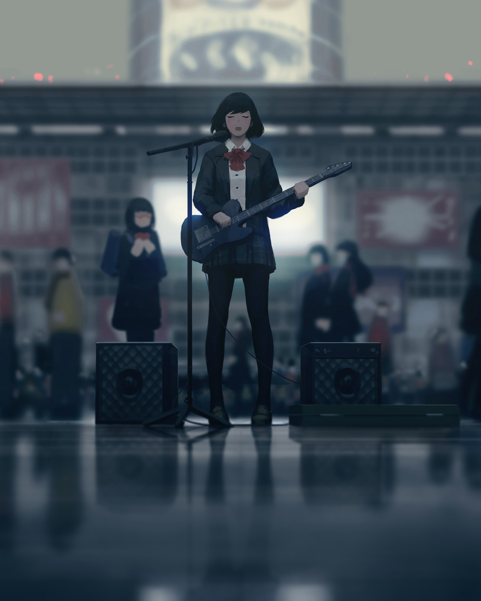 Anime schoolgirl playing electric guitar on stage HD Phone Wallpaper
