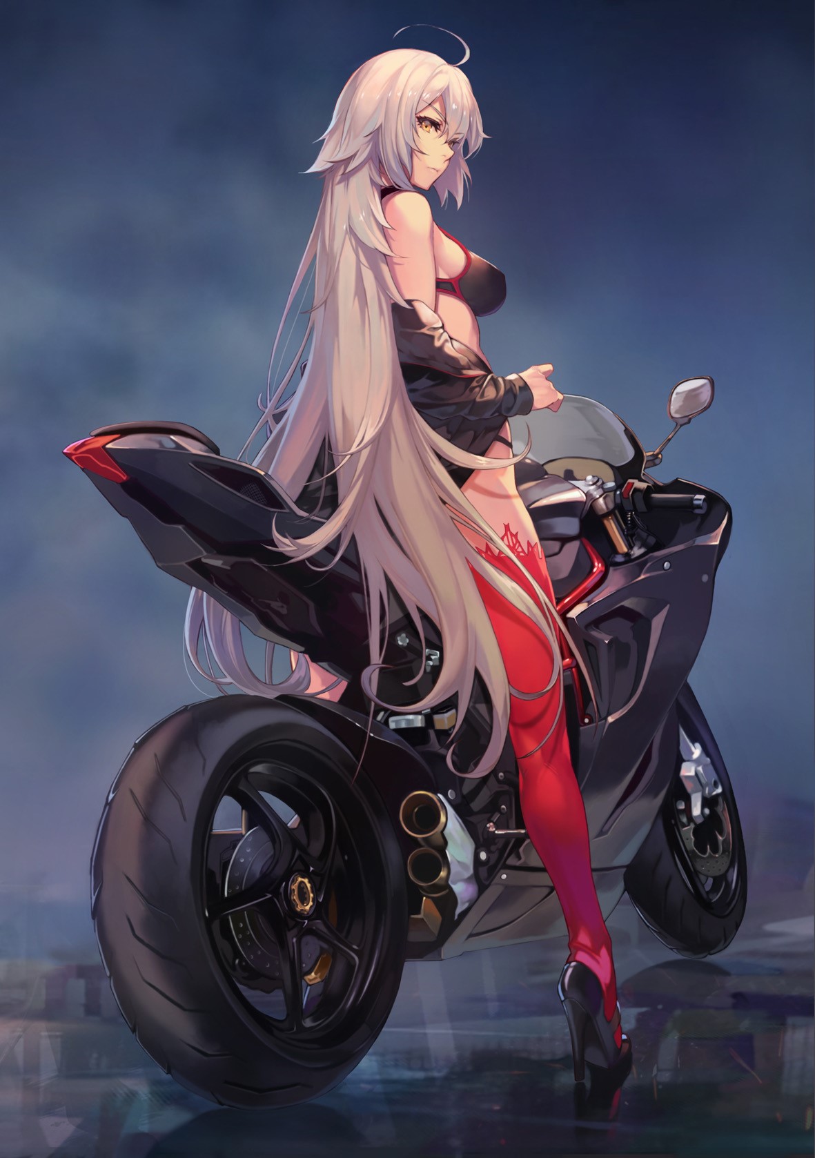 Jeanne Alter from Fate/Grand Order on a motorcycle HD Phone Wallpaper