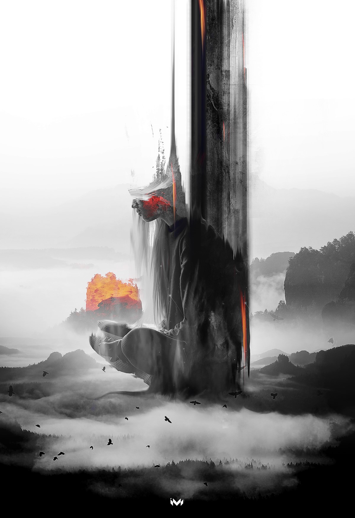 Digital art of a person with fiery elements HD Phone Wallpaper