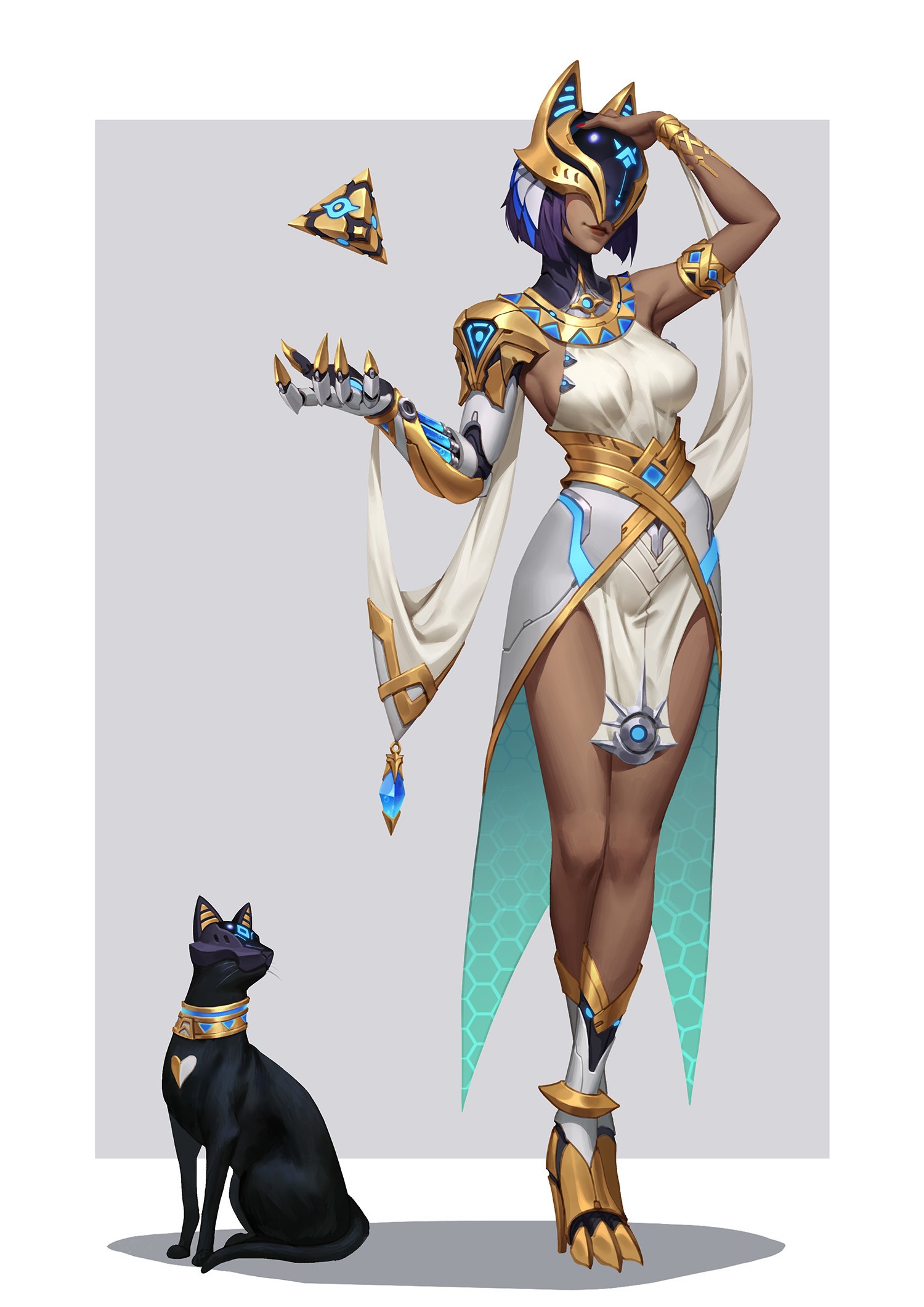Symmetra from Overwatch with Egyptian-inspired attire and a black cat HD Phone Wallpaper