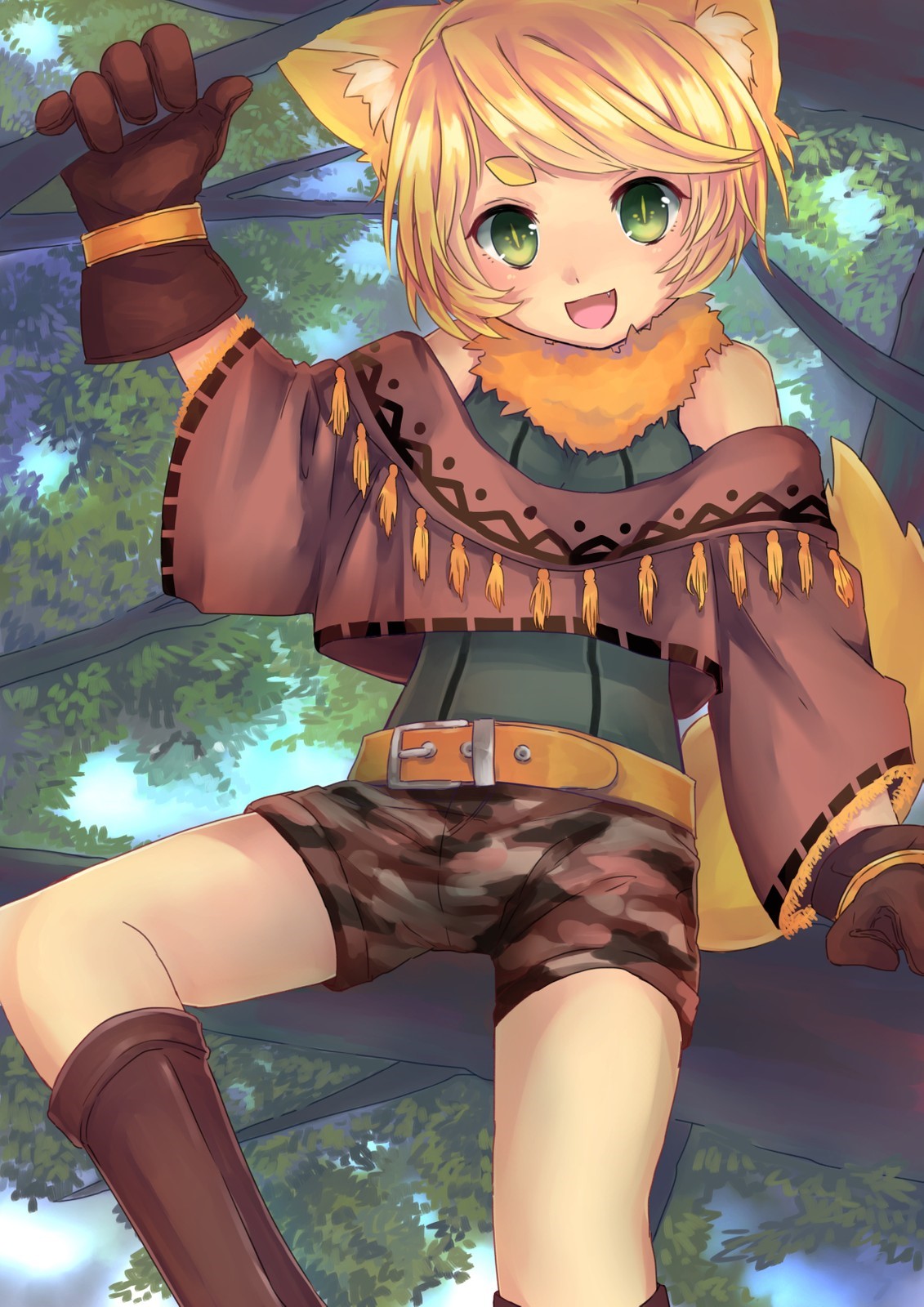 Anime fox girl climbing a tree in a forest HD Phone Wallpaper