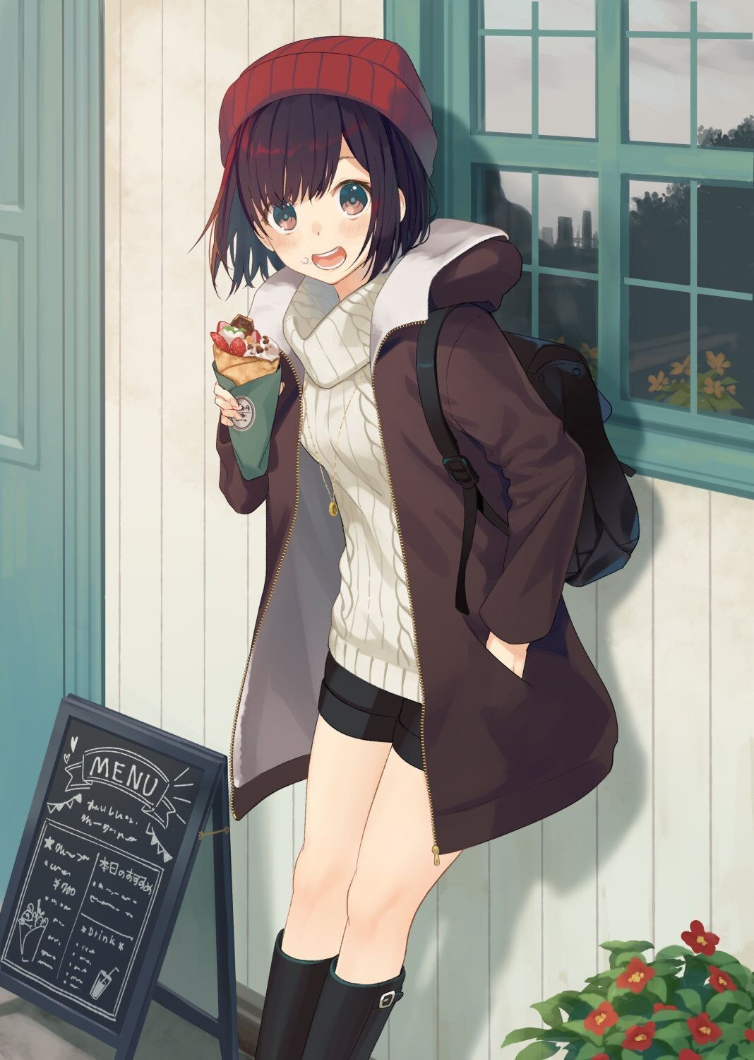 Anime girl in shorts and hat eating a crepe HD Phone Wallpaper