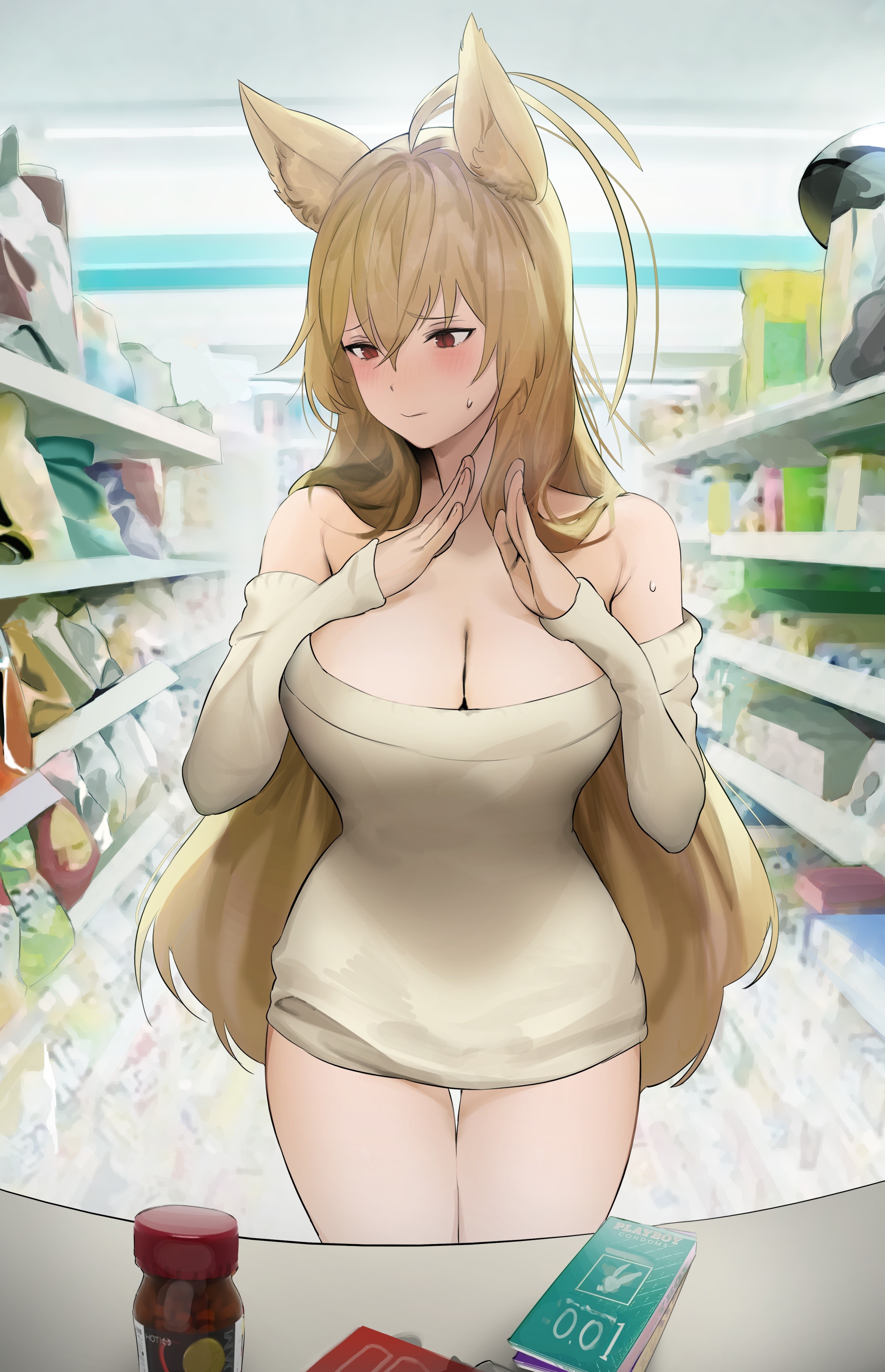 Anime girl with fox ears in a convenience store HD Phone Wallpaper
