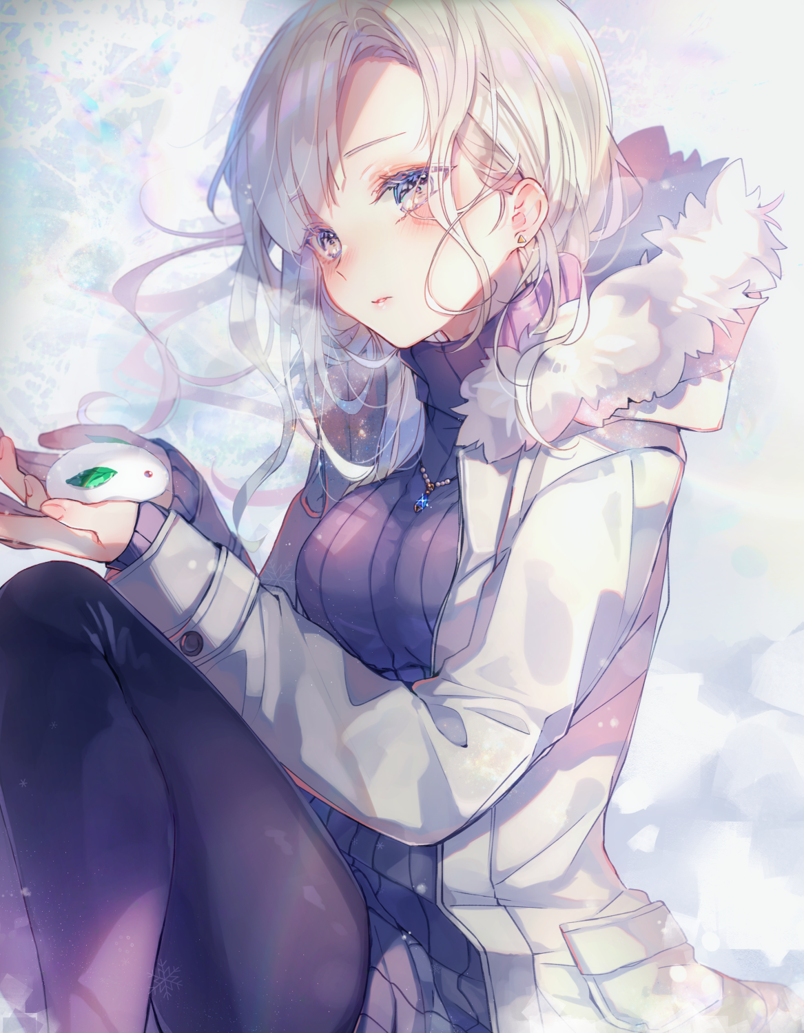 Anime girl with silver hair in winter coat holding a mochi HD Phone Wallpaper