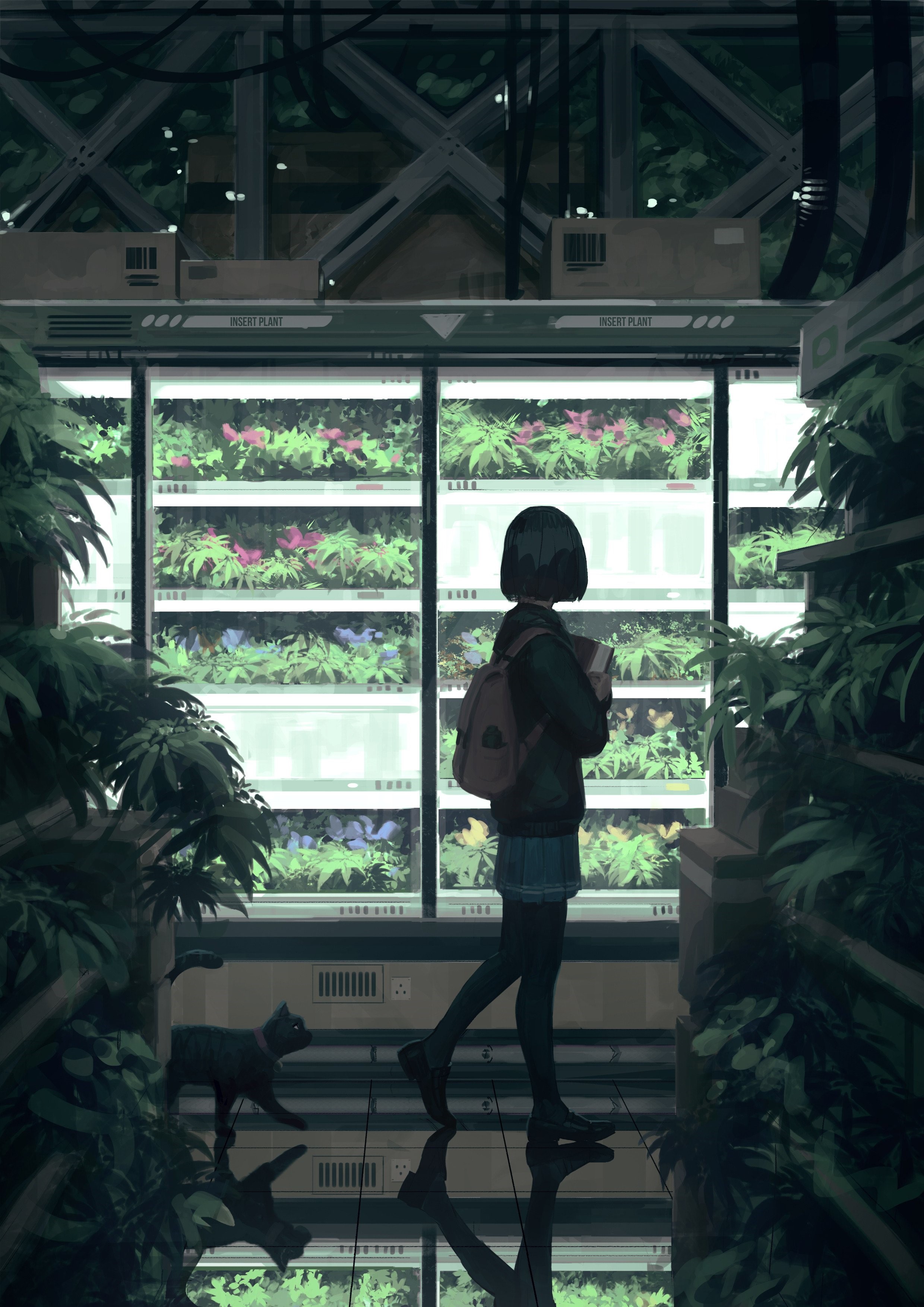 Girl and black cat in a futuristic greenhouse HD Phone Wallpaper