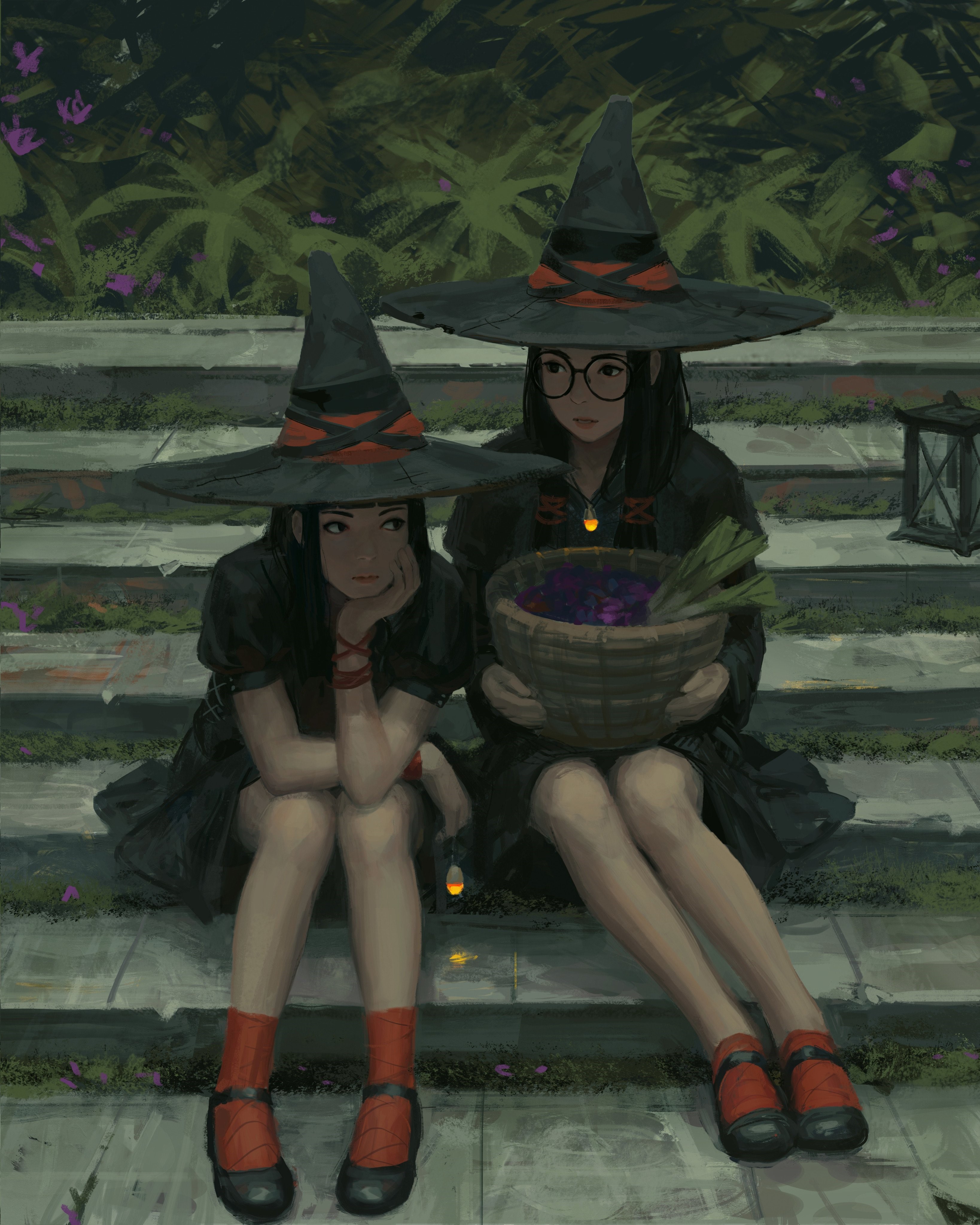 Two anime witches with witch hats and vegetables HD Phone Wallpaper