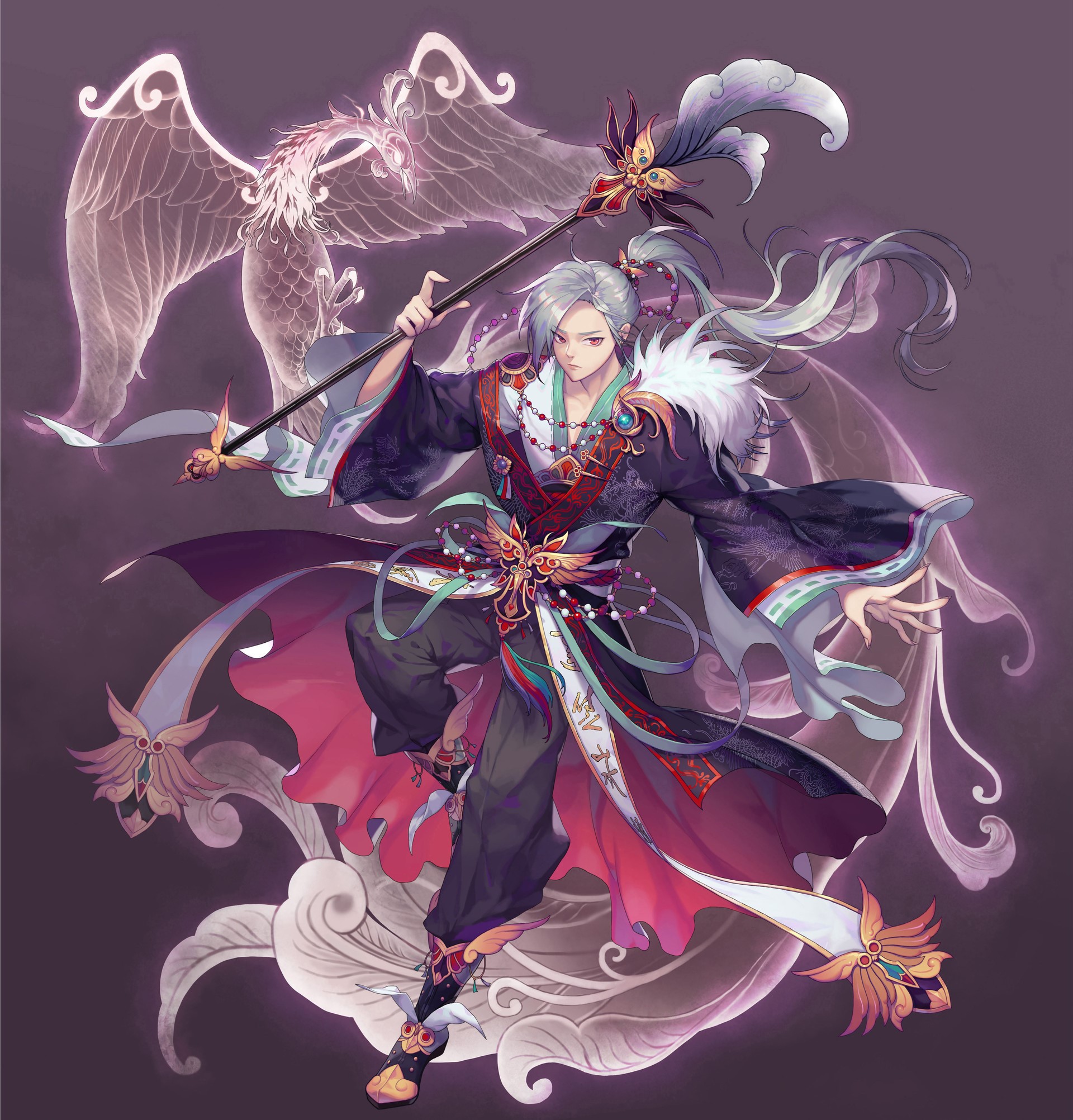 Man with a staff and phoenix spirit HD Phone Wallpaper