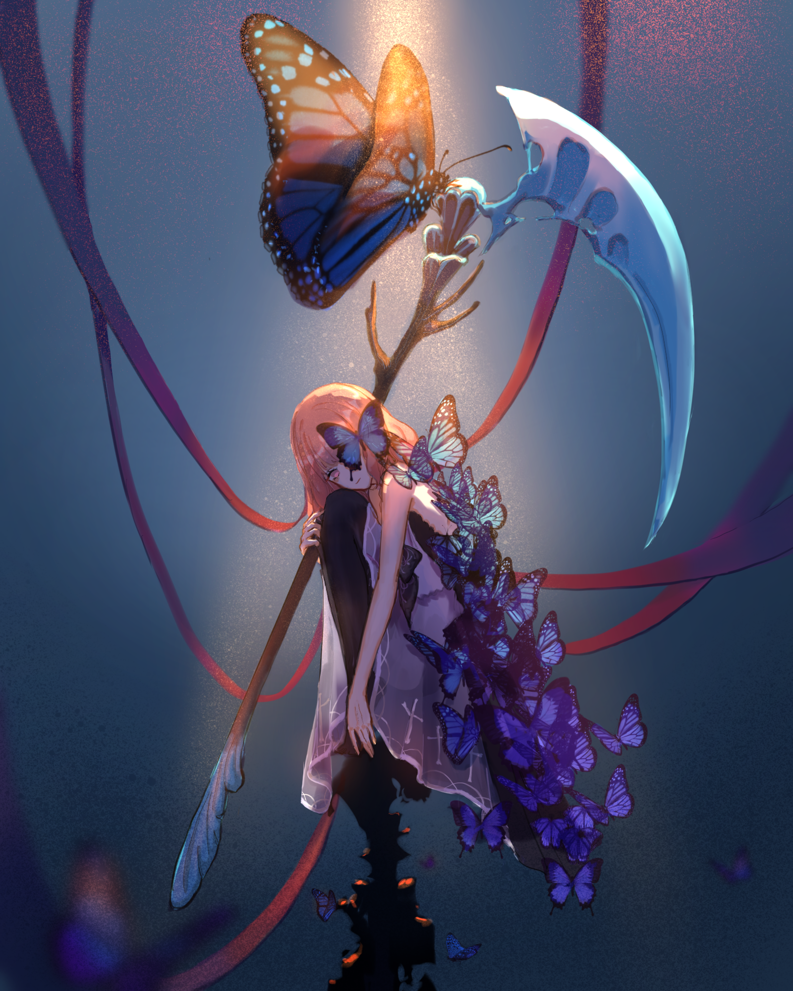 Anime girl with butterflies and scythe HD Phone Wallpaper