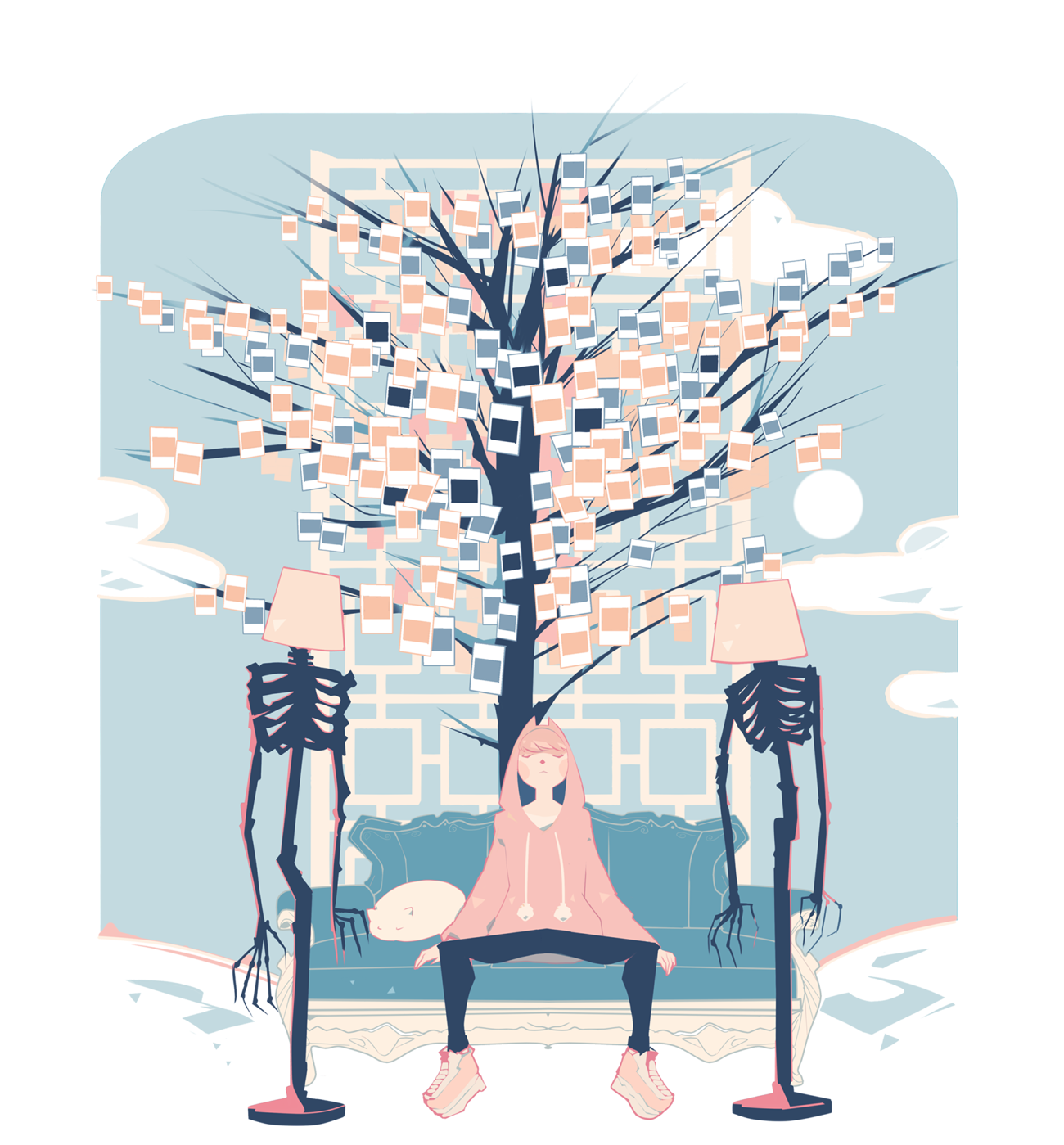 Skeleton lamps and girl by memory tree HD Phone Wallpaper