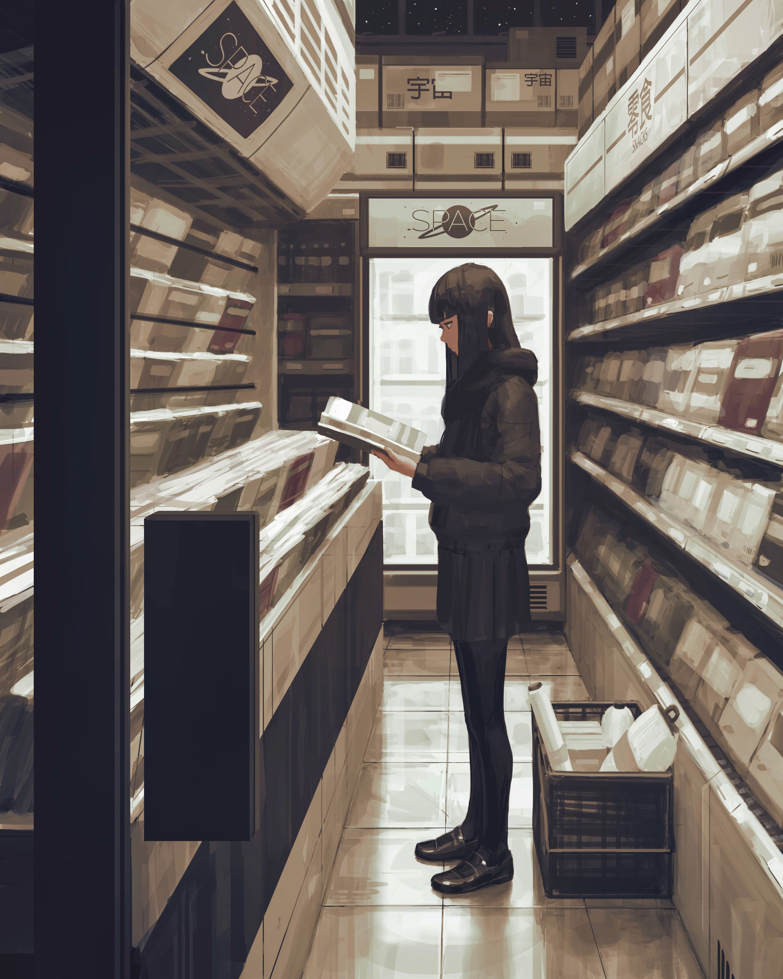 Girl browsing records in a store HD Phone Wallpaper
