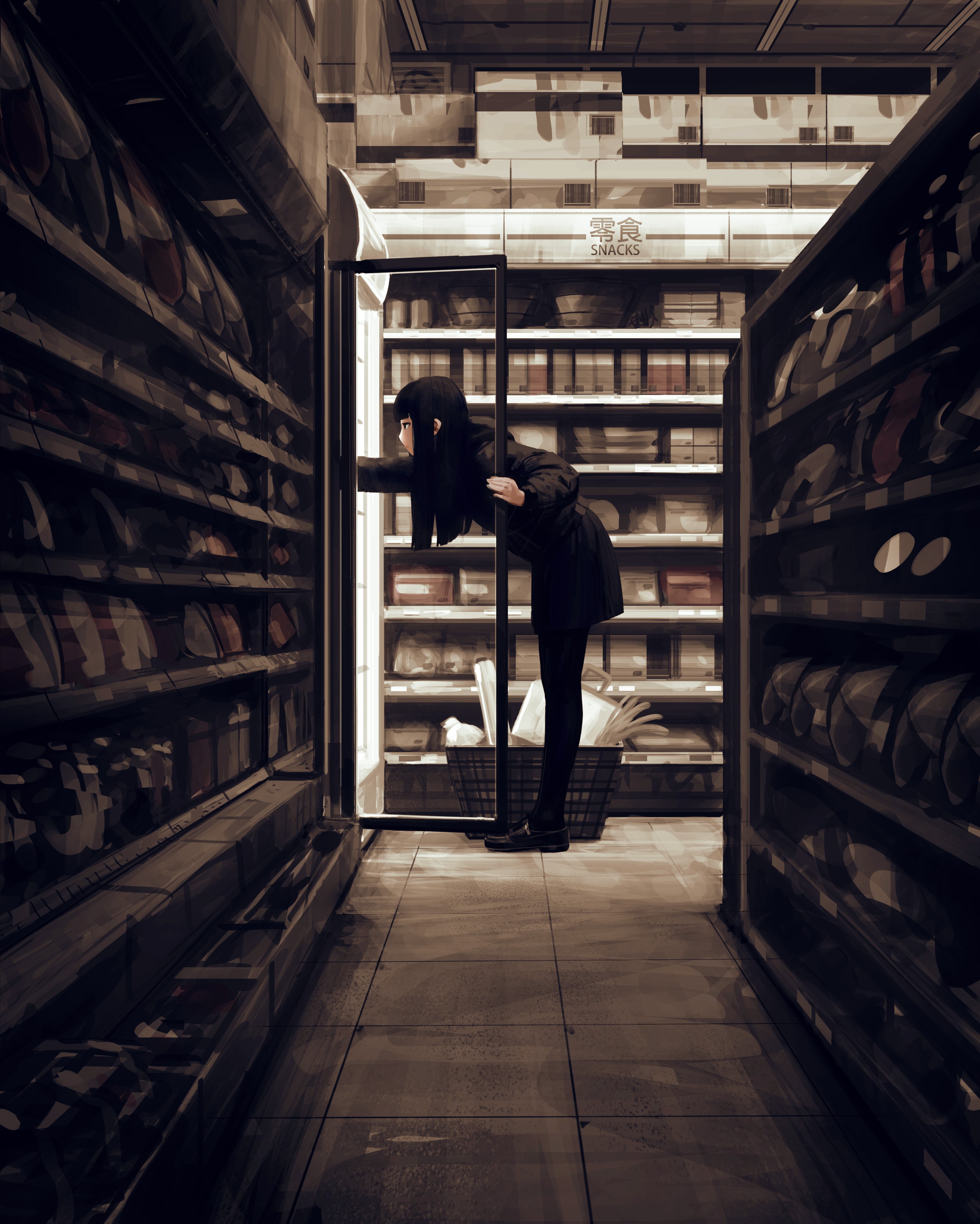 Girl in a store looking through shelves HD Phone Wallpaper