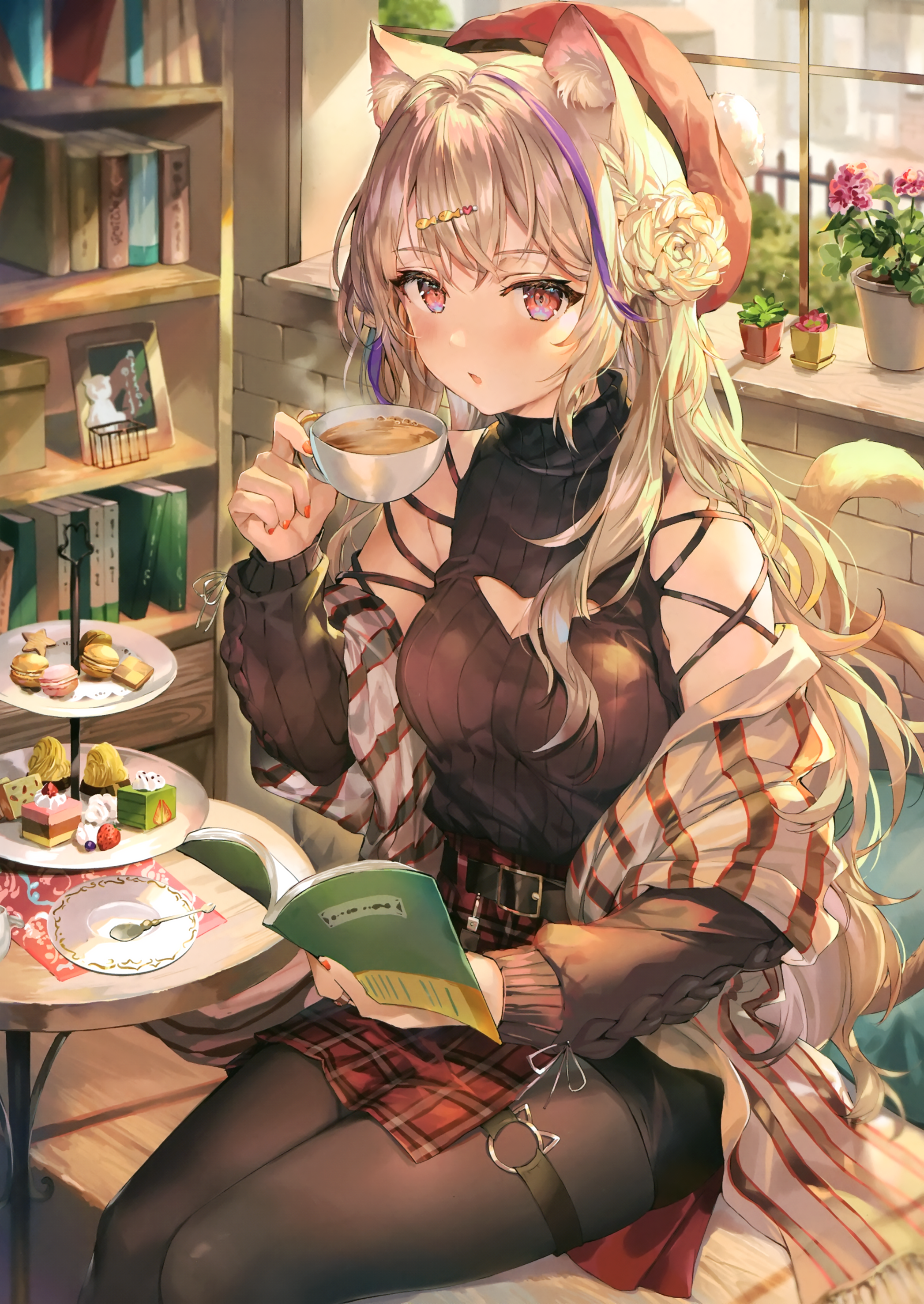 Momoko Cat Girl Portrait with Tea HD Phone Wallpaper