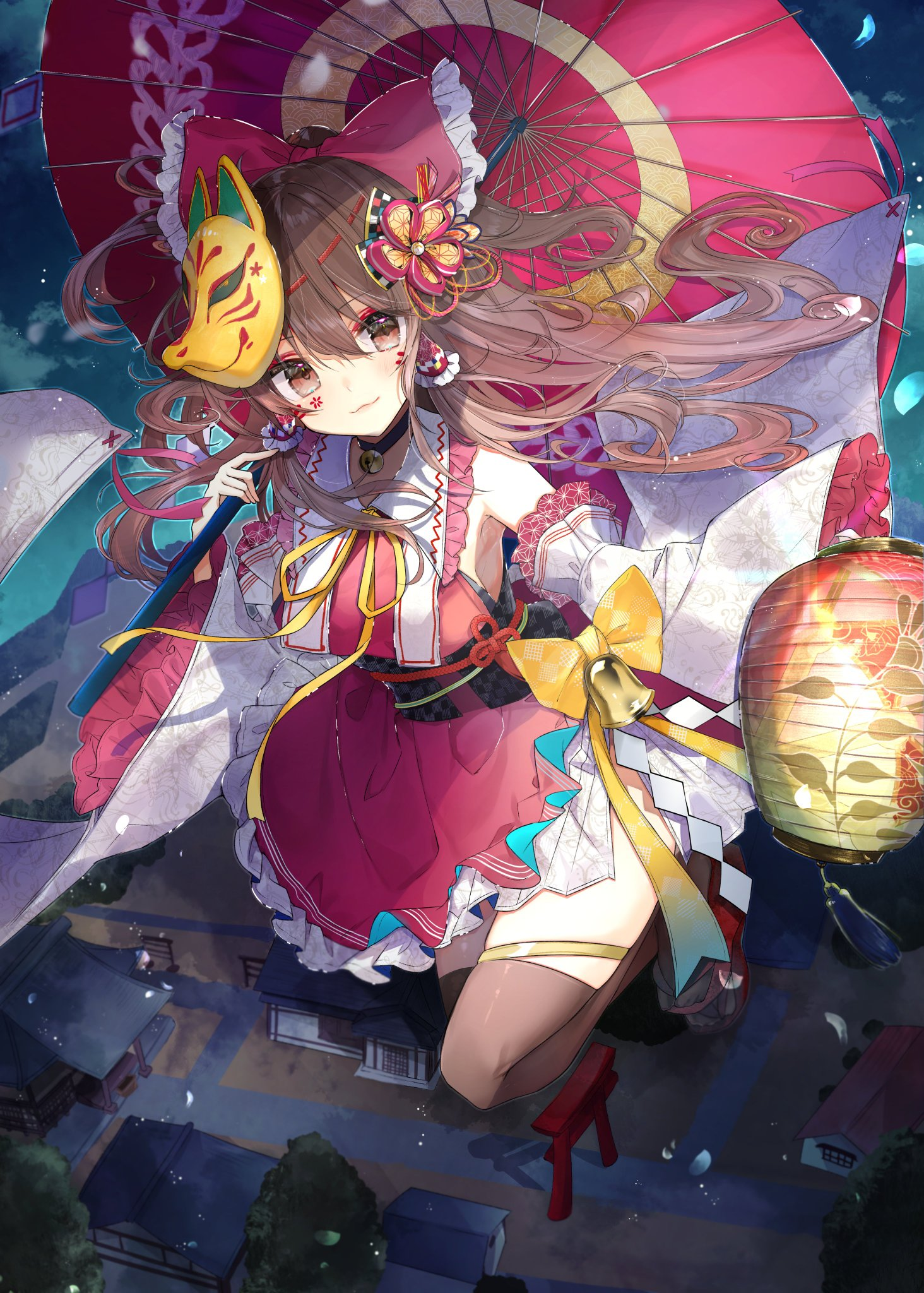 Anime girl with fox mask and umbrella HD Phone Wallpaper