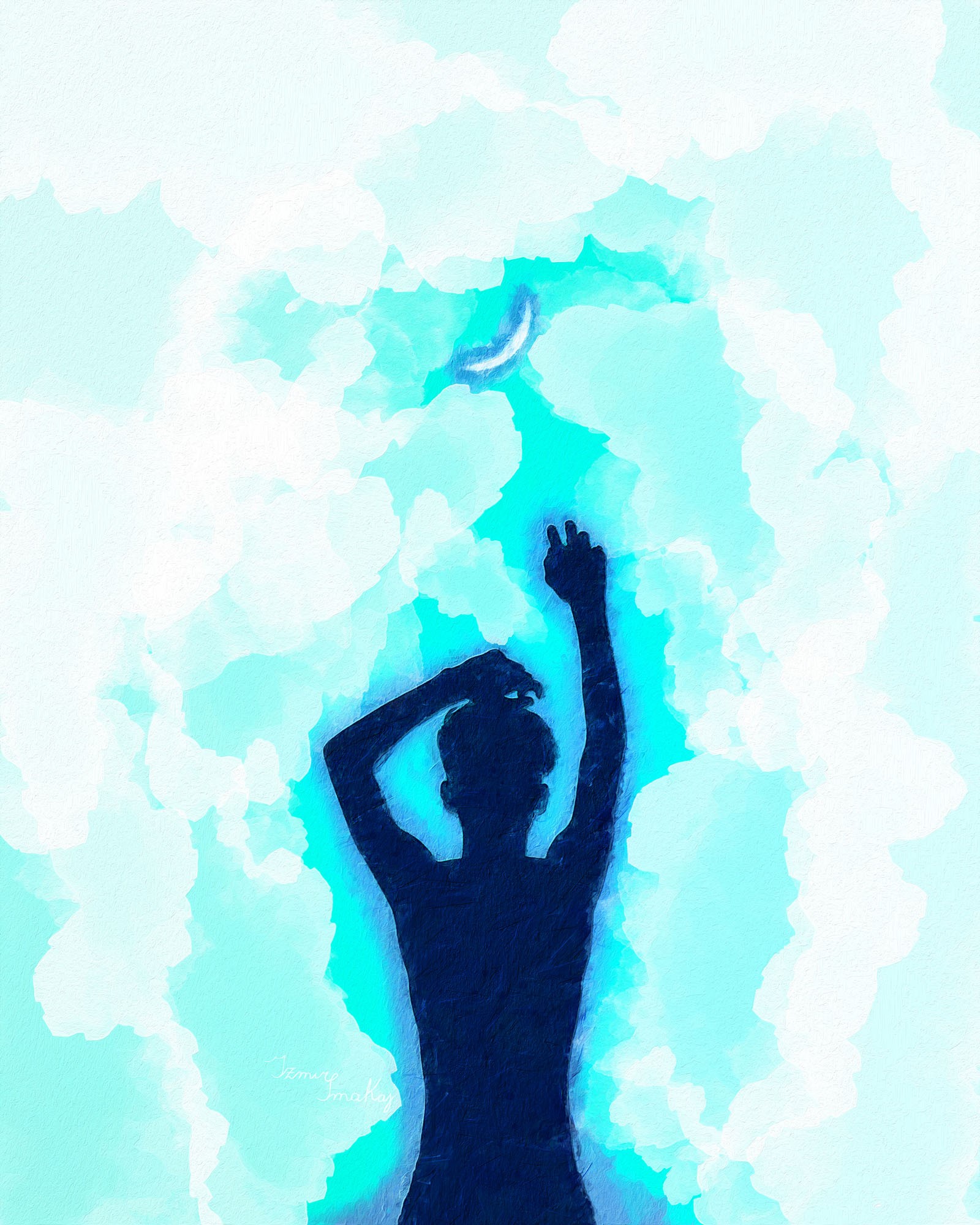 Silhouette reaching for the moon in clouds HD Phone Wallpaper