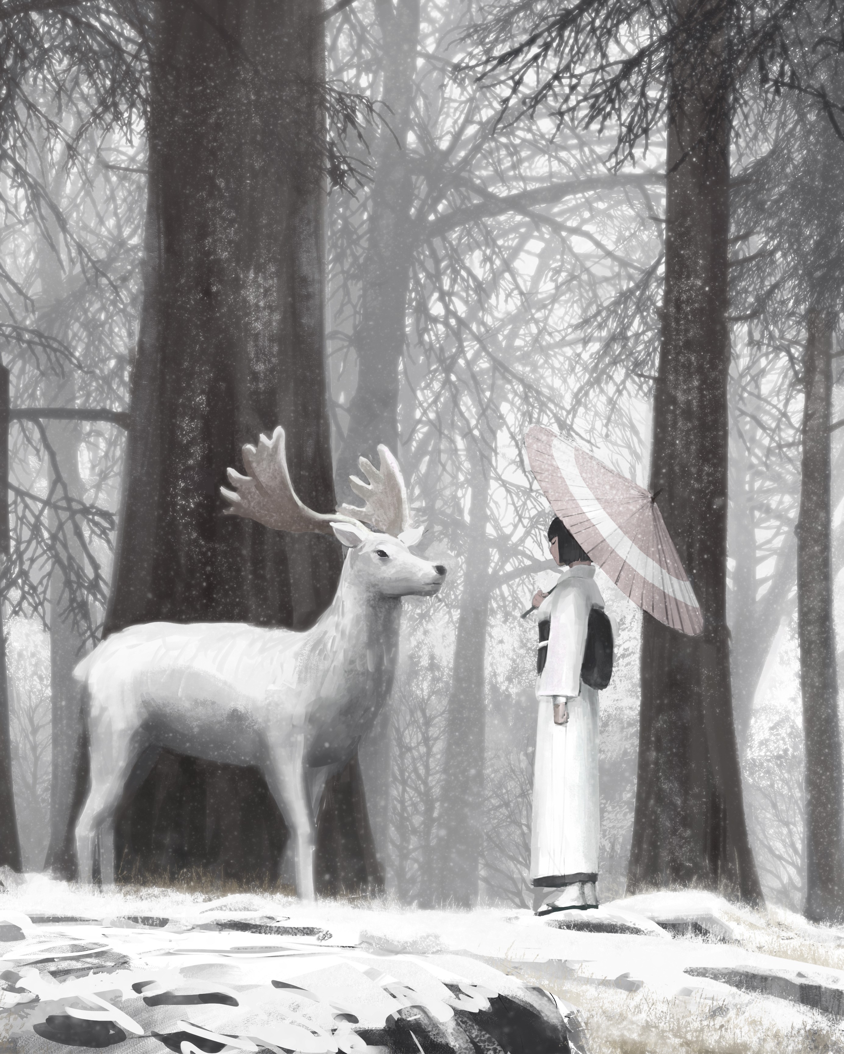 White Deer and Woman in Kimono in Snowy Forest HD Phone Wallpaper
