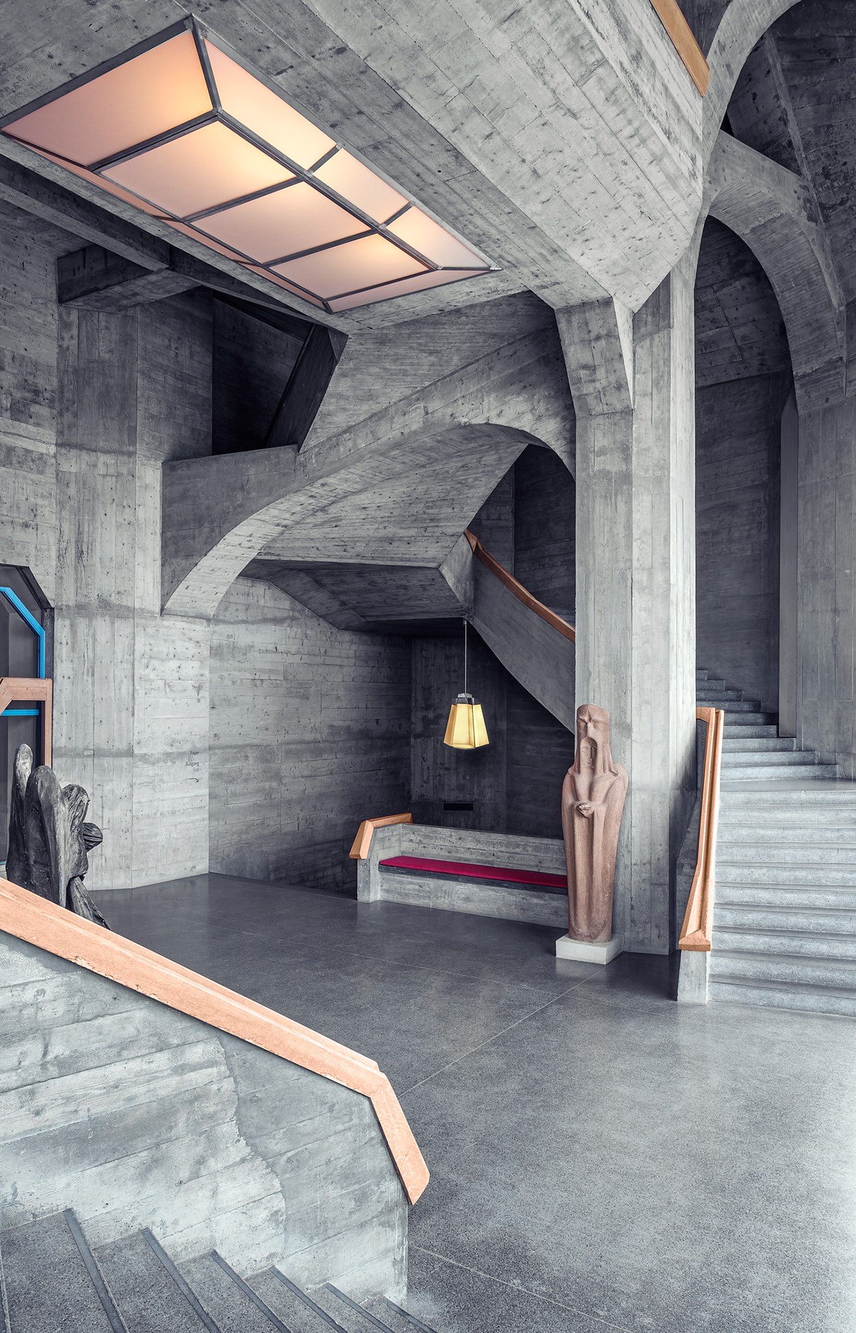 Interior of the Goethanum with stairs and statues HD Phone Wallpaper