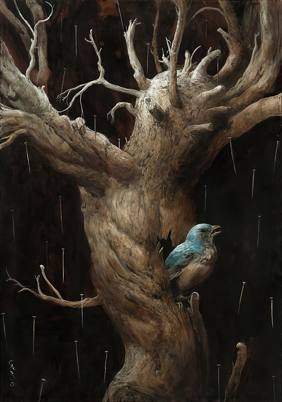 Artwork by Santiago Caruso featuring a bird on a tree HD Phone Wallpaper