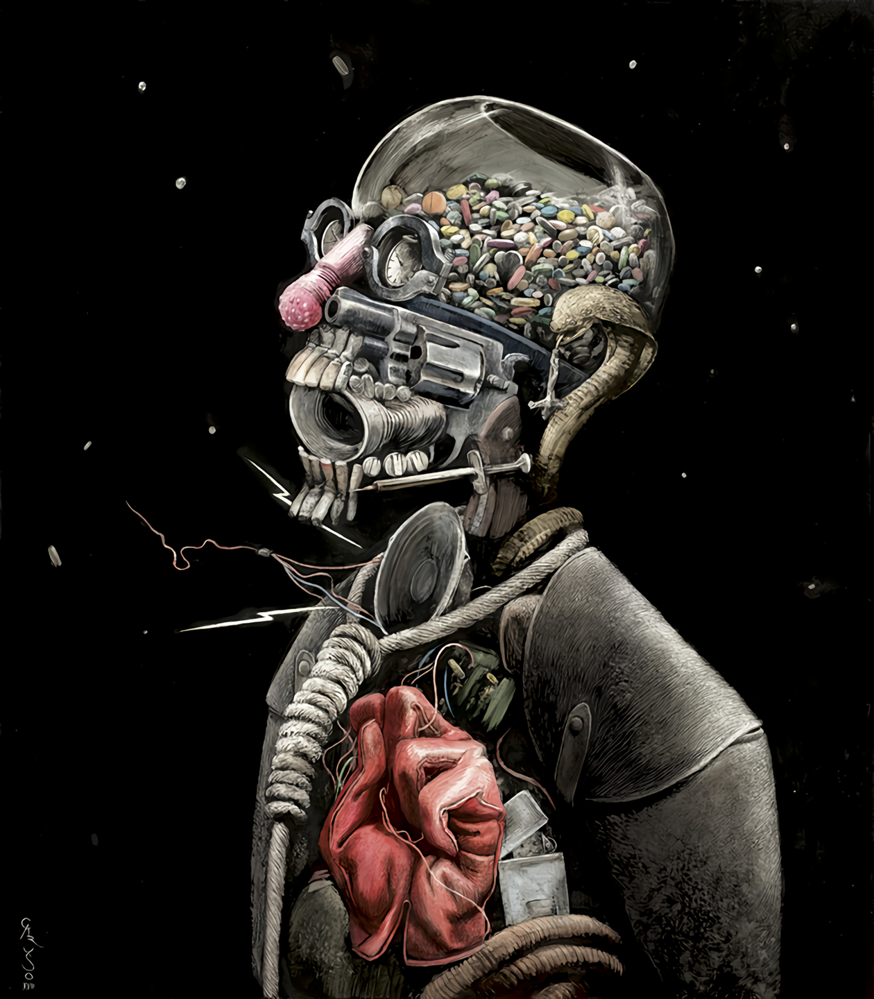 Artwork of a surreal mechanical heart and skull by Santiago Caruso HD Phone Wallpaper