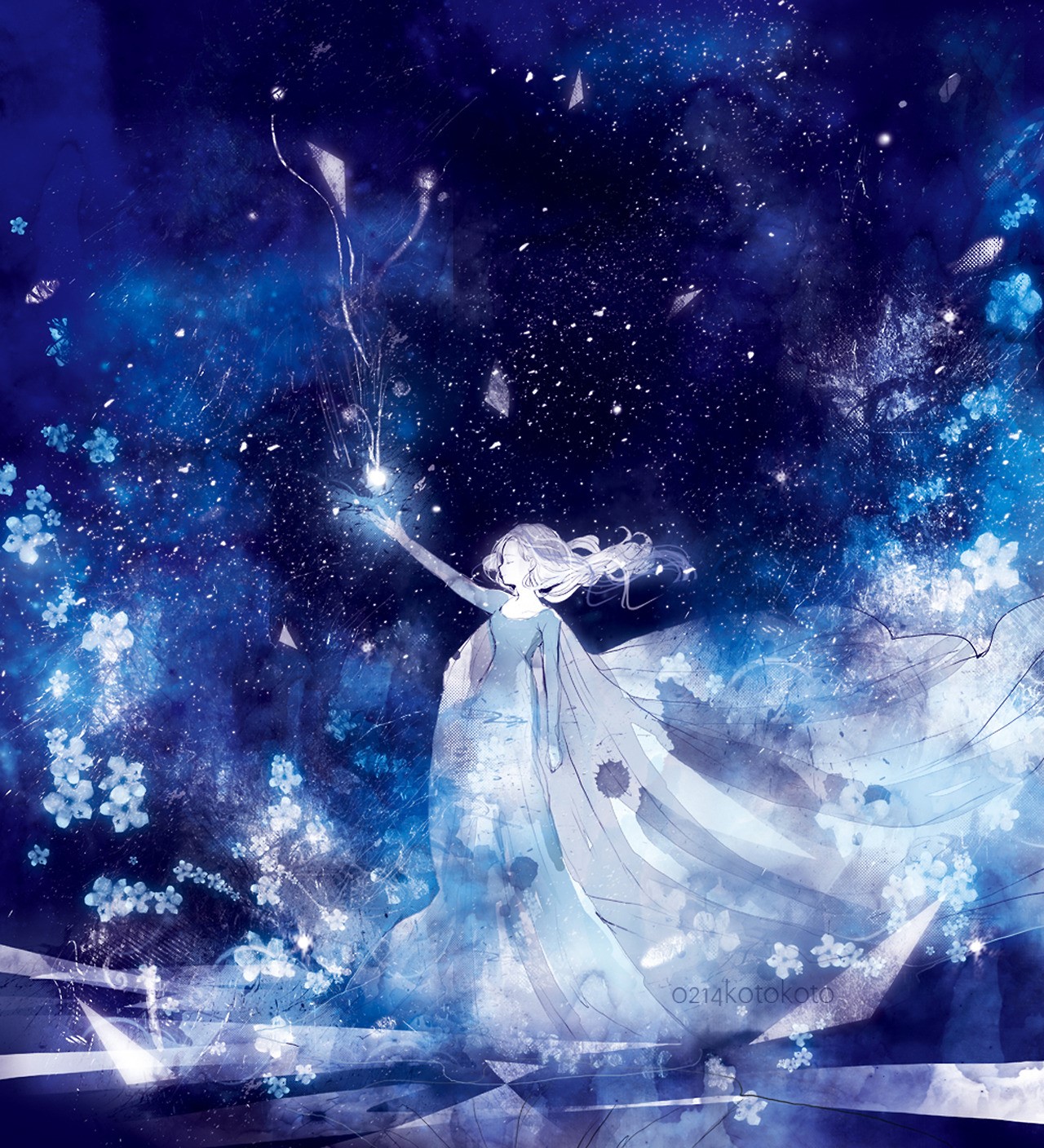Anime girl with ice powers under a starry night sky HD Phone Wallpaper