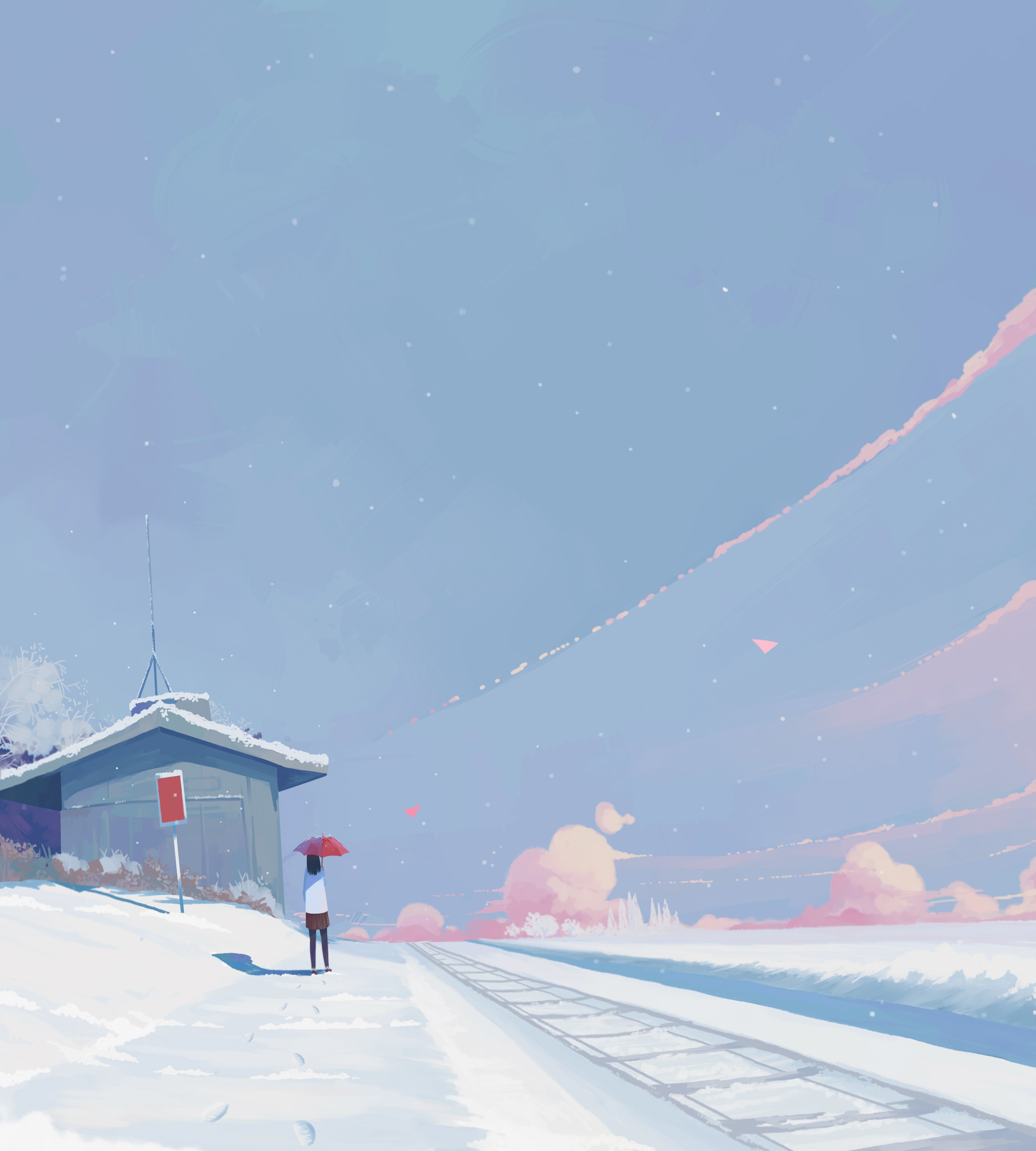 Person with umbrella at snowy train station HD Phone Wallpaper