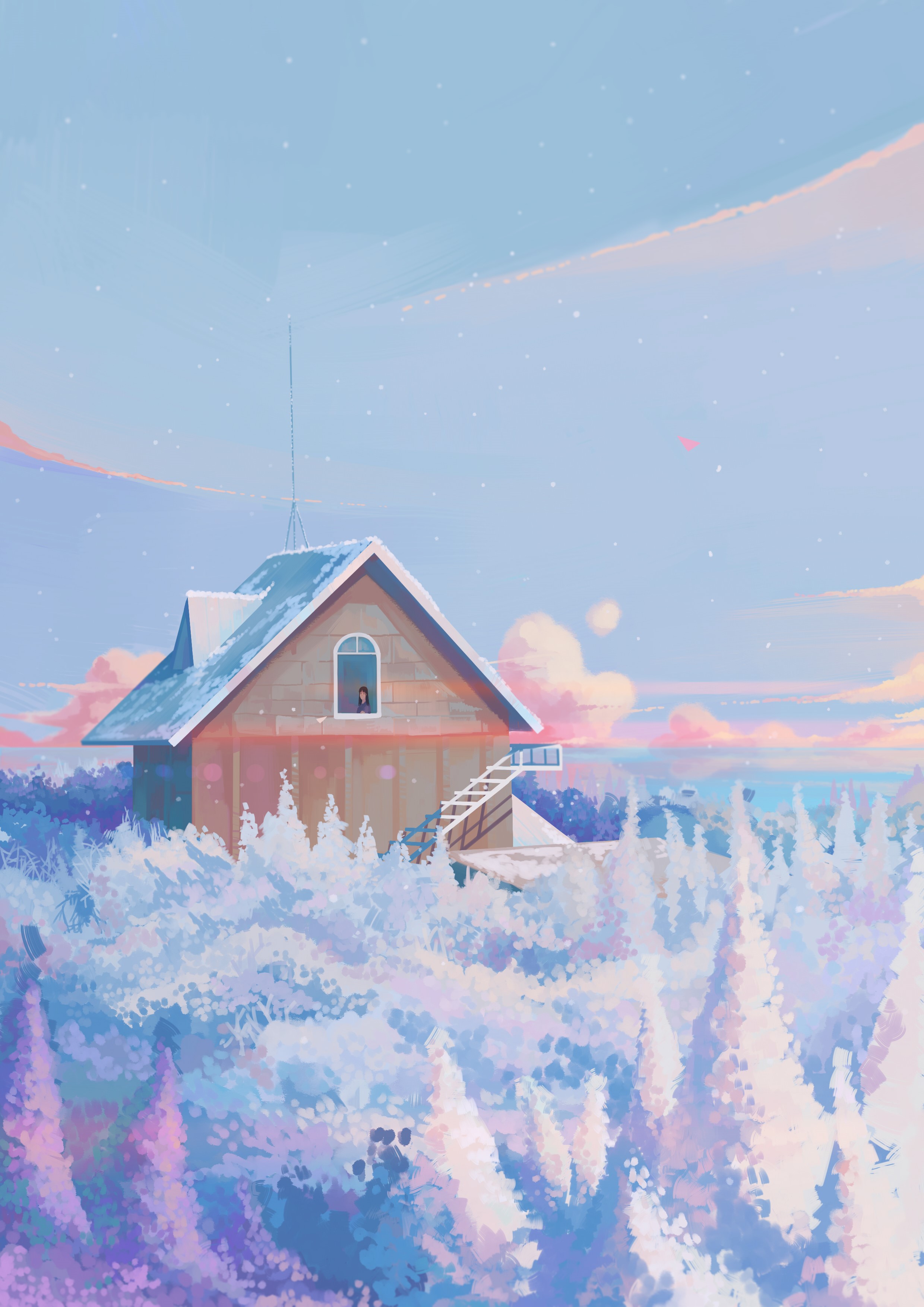 A cozy house in a snowy forest under a pastel sky HD Phone Wallpaper