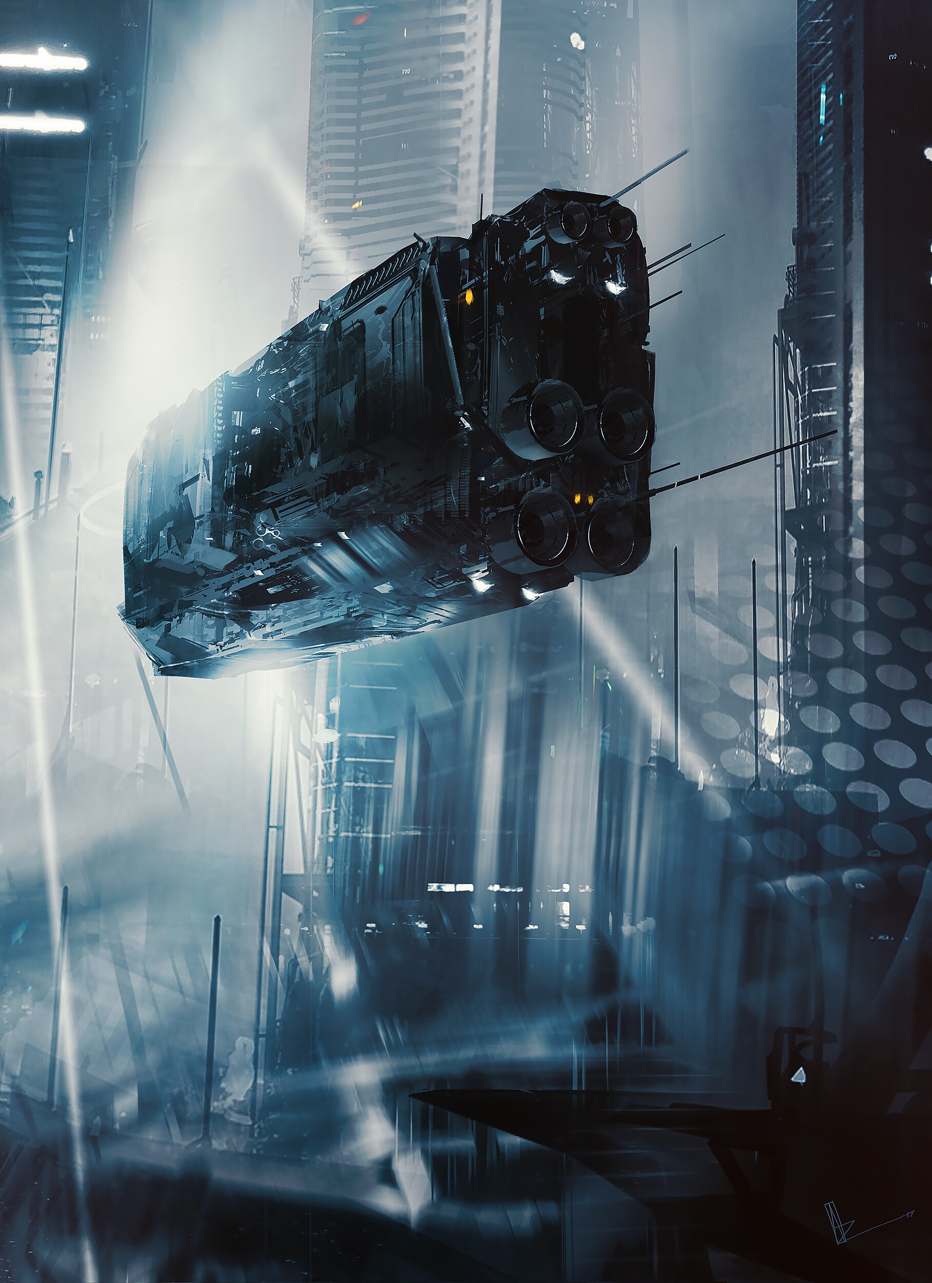 Futuristic flying vehicle in a sci-fi city HD Phone Wallpaper
