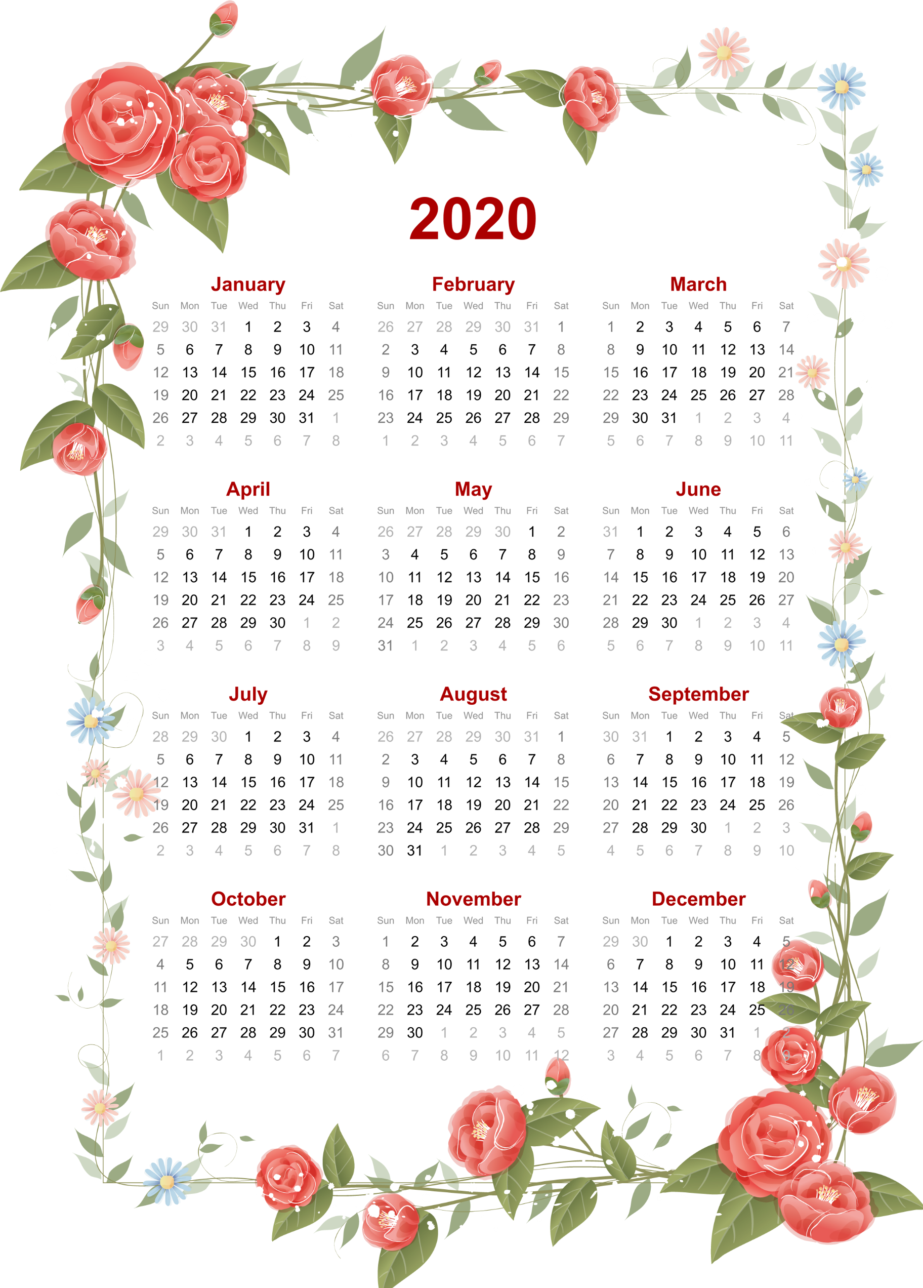 2020 floral calendar with roses and leaves frame HD Phone Wallpaper