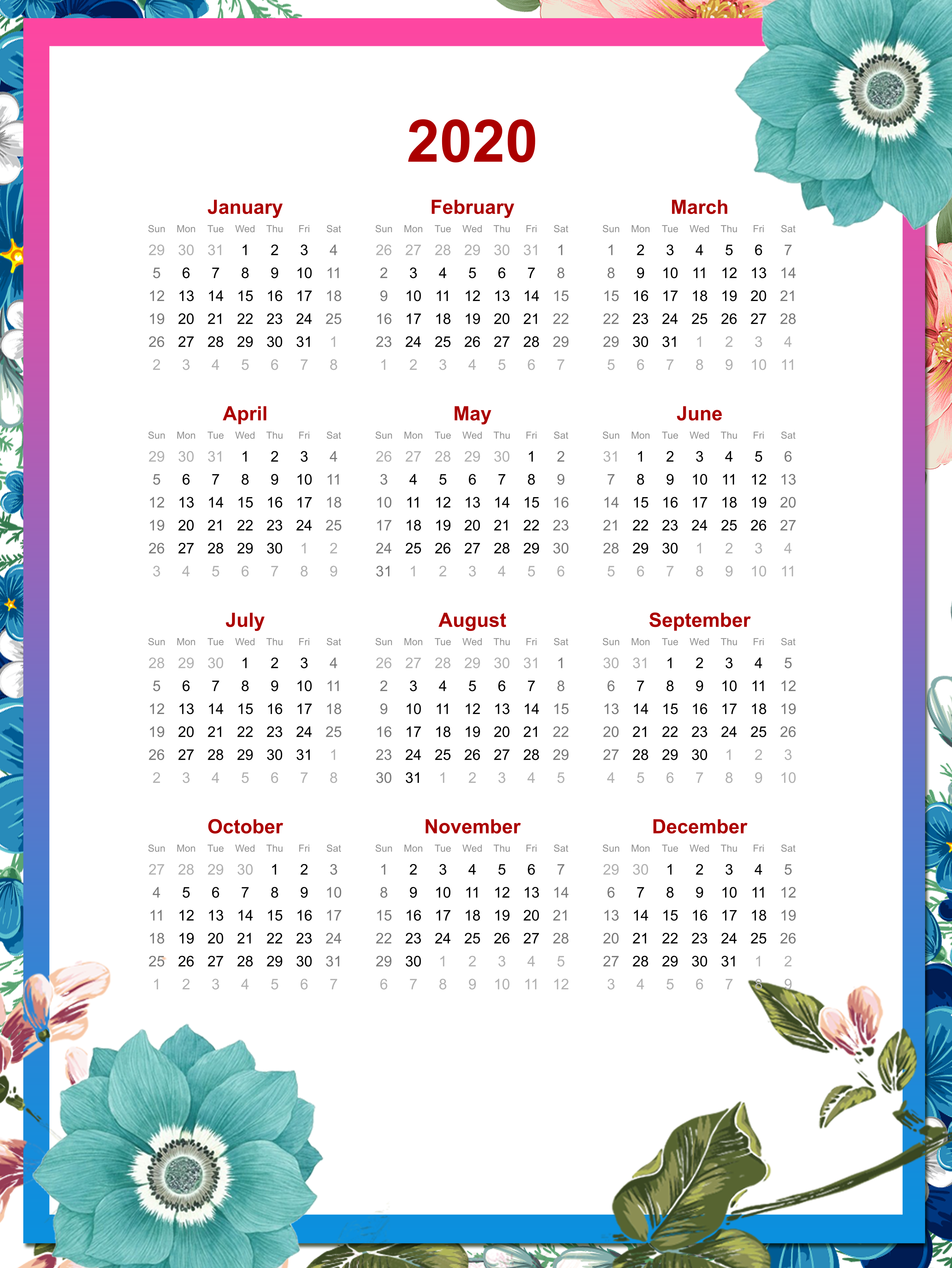 2020 Calendar with Floral Frame HD Phone Wallpaper