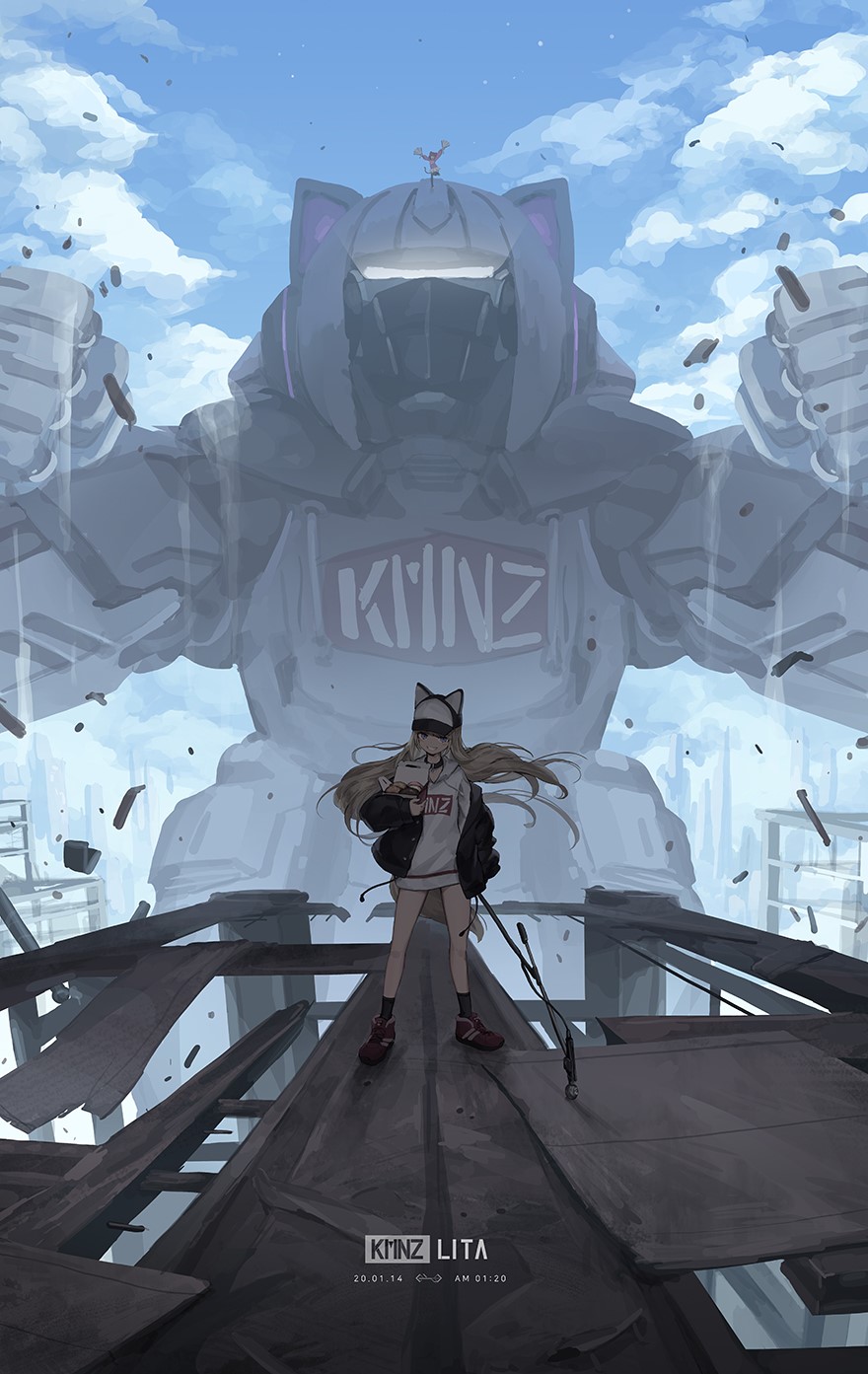 Girl with cat ears and giant robot HD Phone Wallpaper