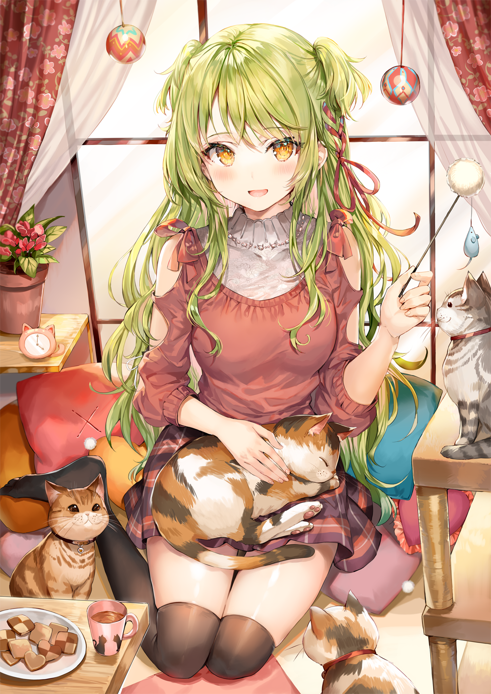 Anime girl with green hair and cats indoors HD Phone Wallpaper
