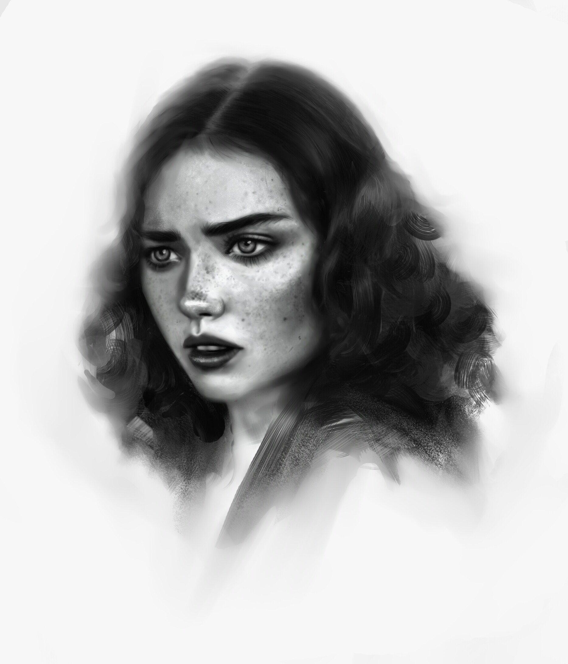 Monochrome portrait of a woman with freckles HD Phone Wallpaper