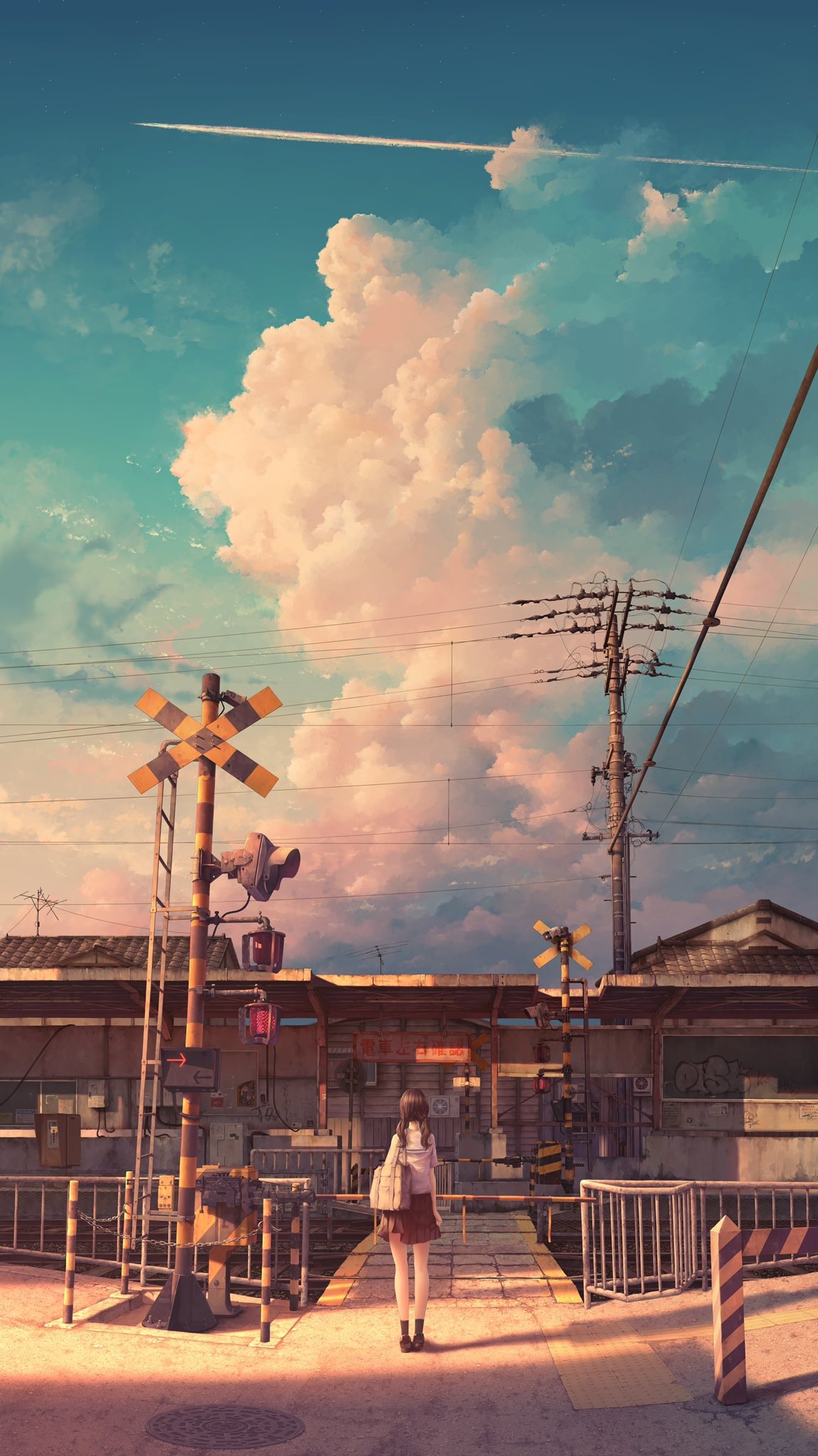 Anime girl in school uniform at train station HD Phone Wallpaper