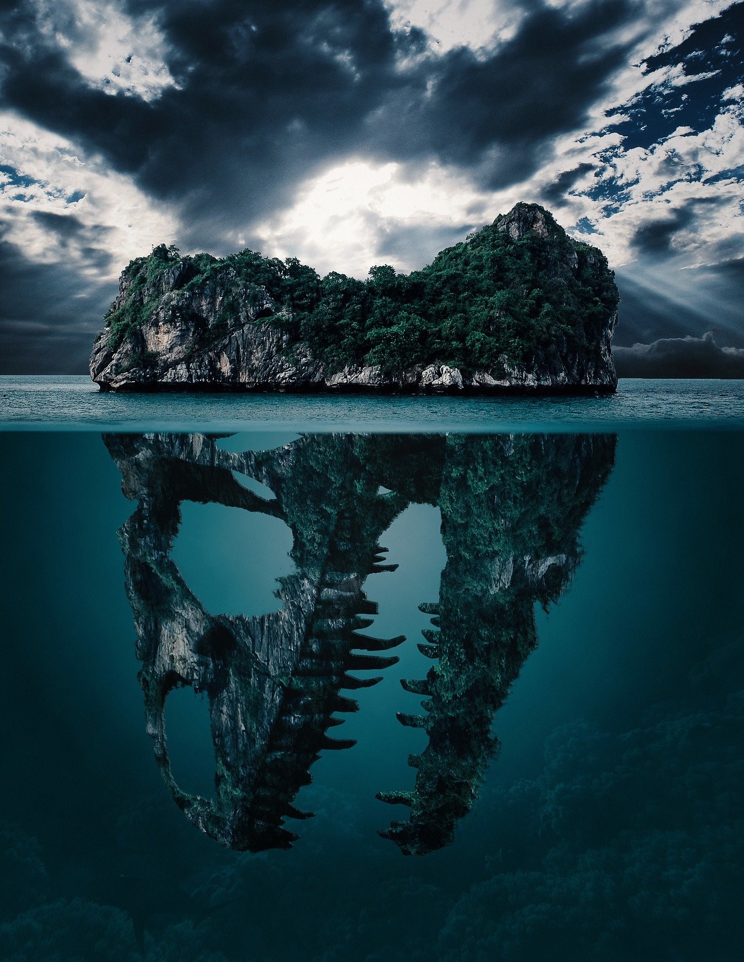 Island and underwater dinosaur skull reflection HD Phone Wallpaper