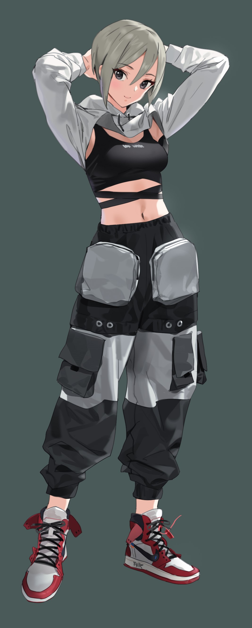 Anime girl in crop top and cargo pants HD Phone Wallpaper