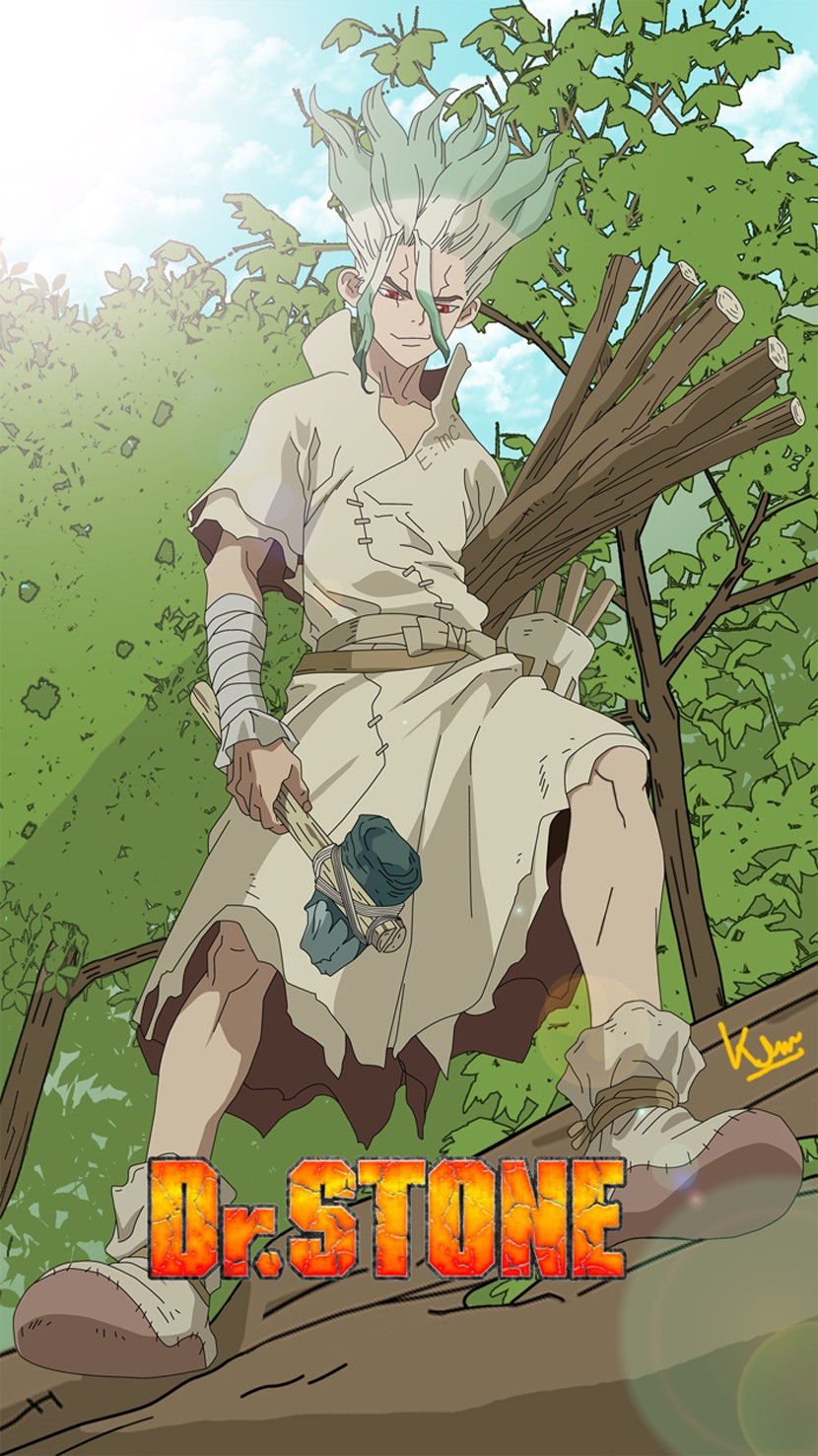 Senkuu Ishigami from Dr. Stone holding a stone axe HD Phone Wallpaper
