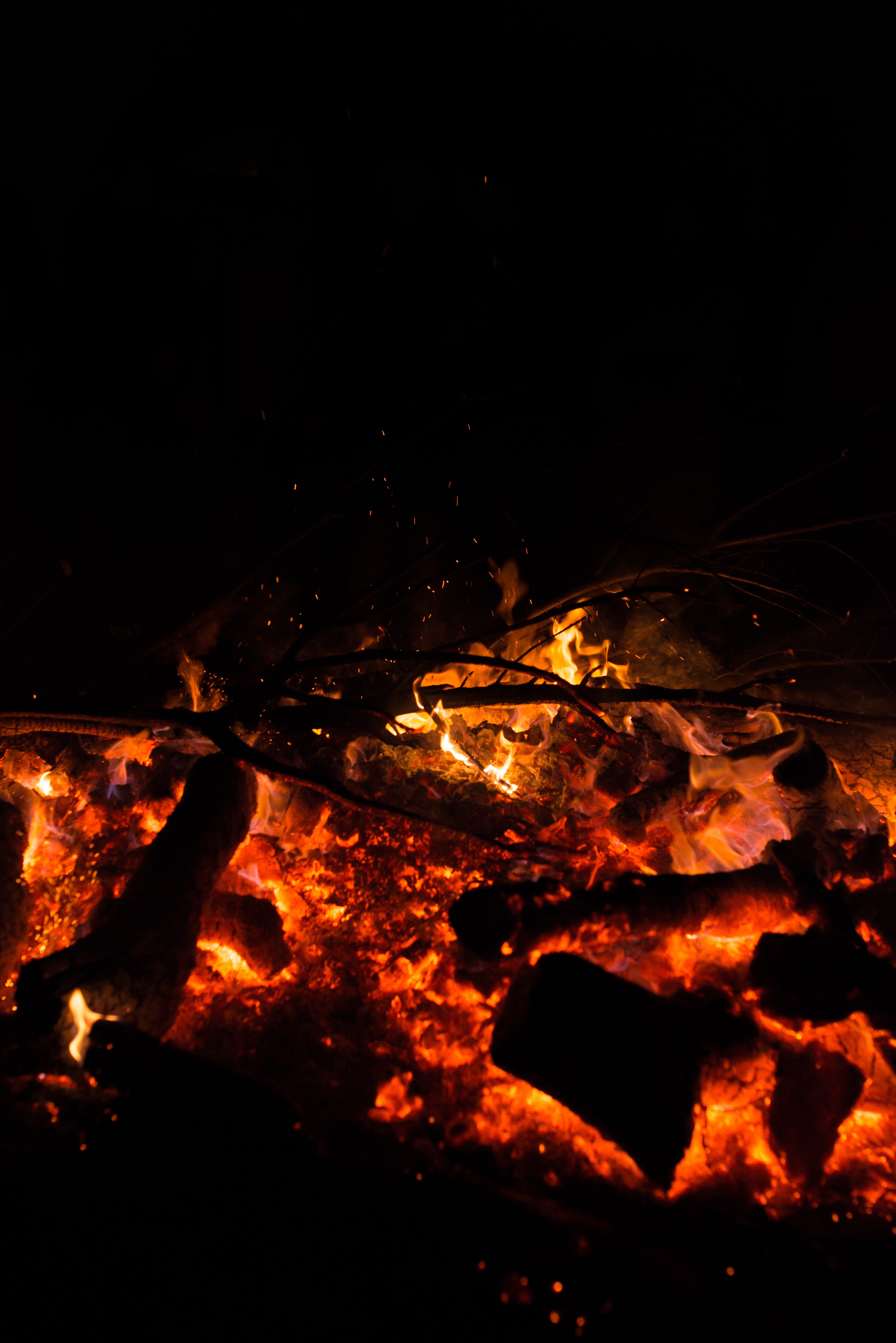 Close-up of a bonfire with glowing embers and flames HD Phone Wallpaper