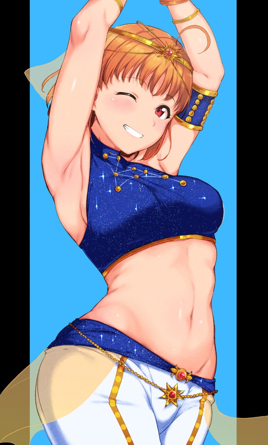 Anime girl in blue outfit with gold accessories HD Phone Wallpaper